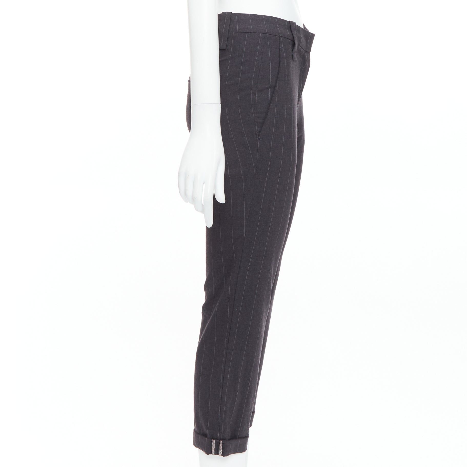 Brunello Cucinelli BRUNELLO CUCINELLI grey virgin wool blend pinstripe cuffed crop trousers IT38 XS Size 26" / US 2 / IT 38 - 4 Thumbnail