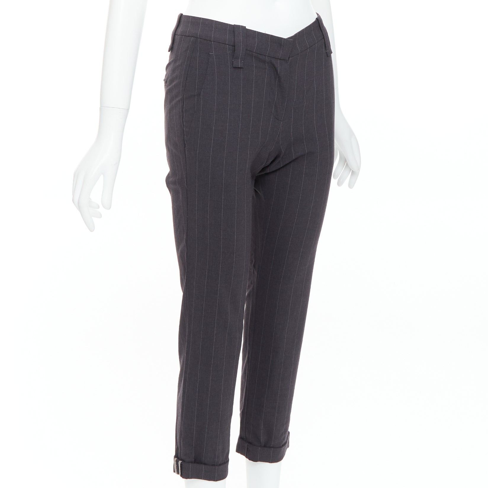 Brunello Cucinelli BRUNELLO CUCINELLI grey virgin wool blend pinstripe cuffed crop trousers IT38 XS Size 26" / US 2 / IT 38 - 3 Thumbnail
