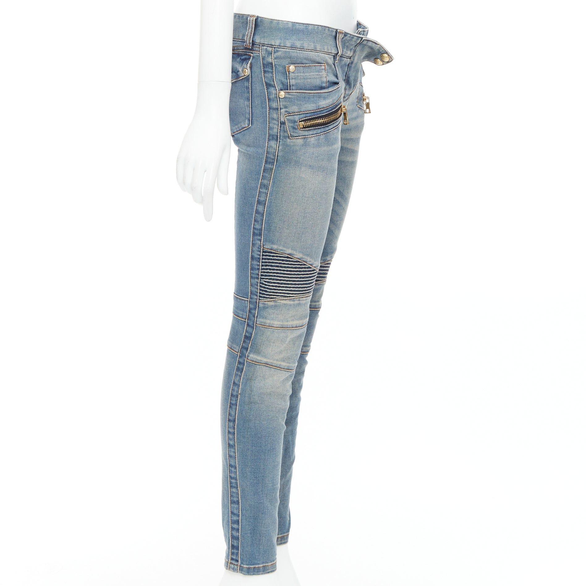 Balmain BALMAIN blue faded washed ribbed denim moto biker jeans FR36 S Size 27" / US 4 / IT 40 - 4 Thumbnail