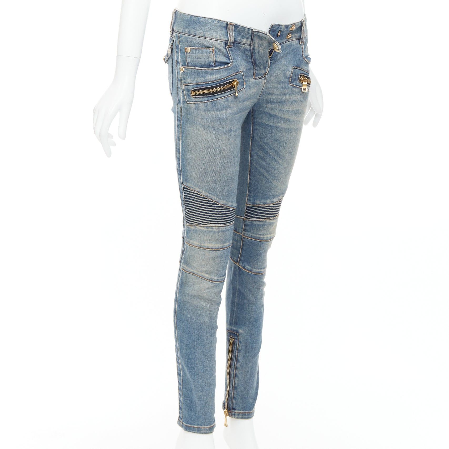Balmain BALMAIN blue faded washed ribbed denim moto biker jeans FR36 S Size 27" / US 4 / IT 40 - 3 Thumbnail