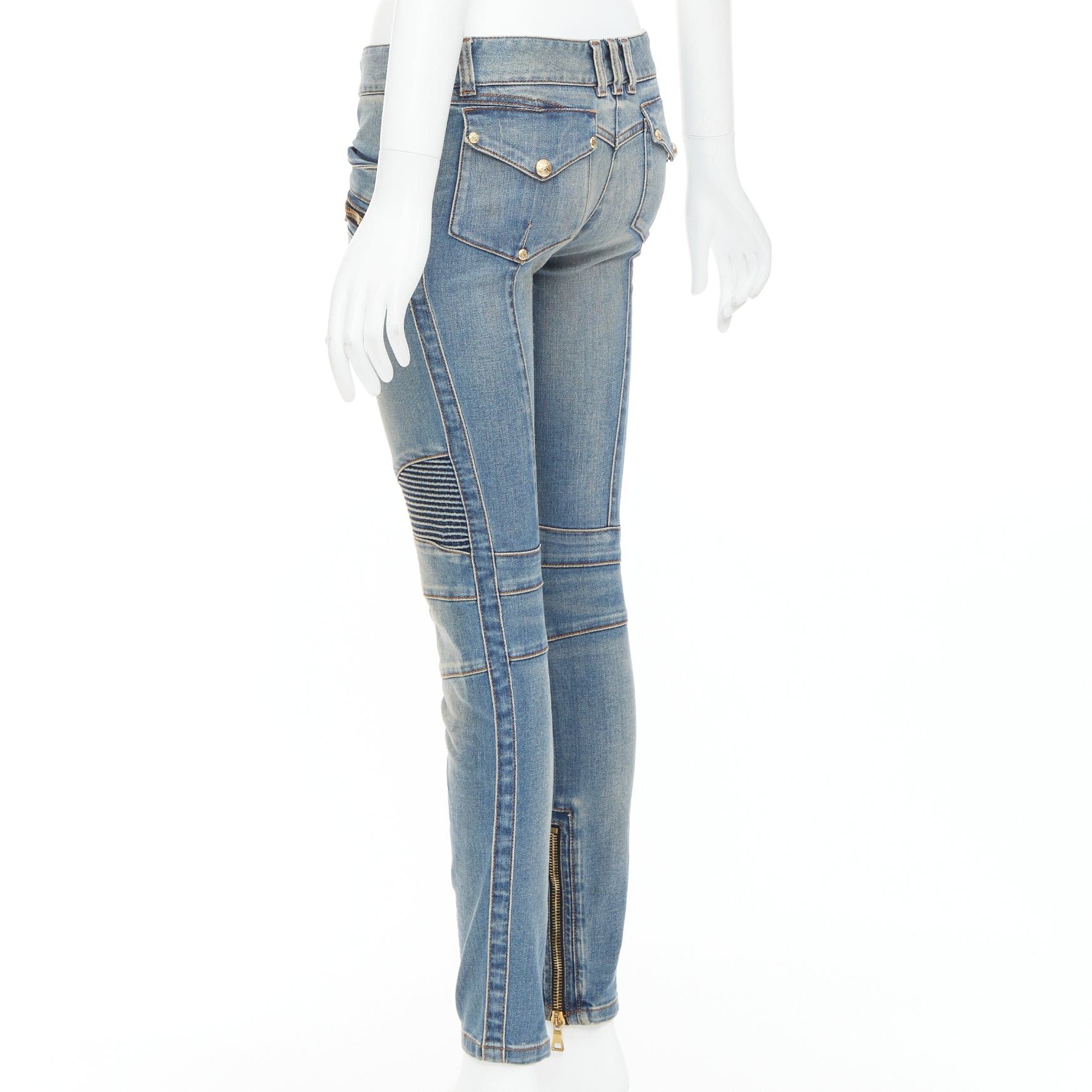 Balmain BALMAIN blue faded washed ribbed denim moto biker jeans FR36 S Size 27" / US 4 / IT 40 - 6 Thumbnail