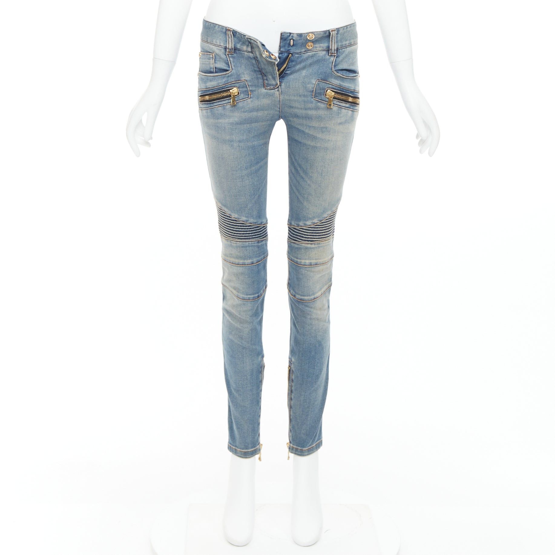 Balmain BALMAIN blue faded washed ribbed denim moto biker jeans FR36 S Size 27" / US 4 / IT 40 - 9 Thumbnail