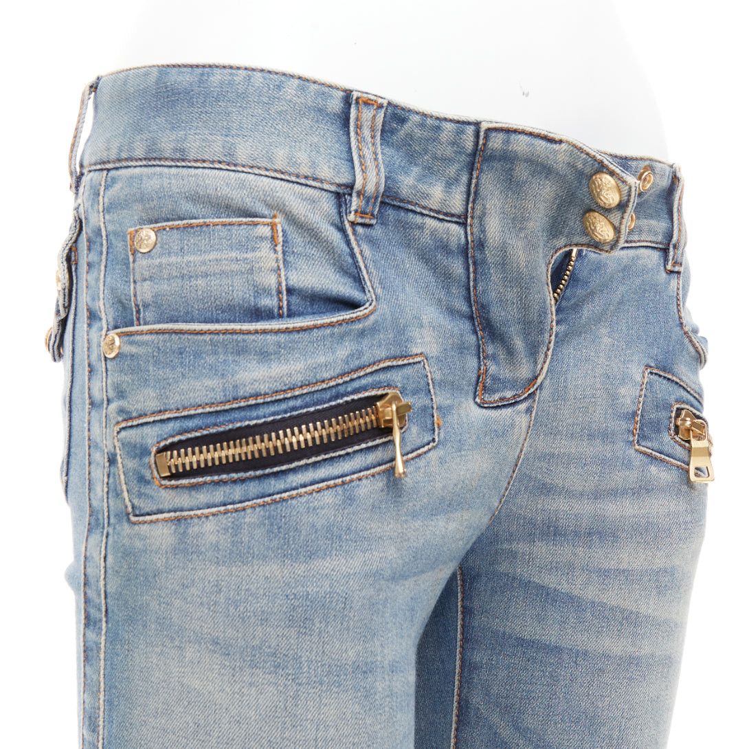 Balmain BALMAIN blue faded washed ribbed denim moto biker jeans FR36 S Size 27" / US 4 / IT 40 - 2 Thumbnail