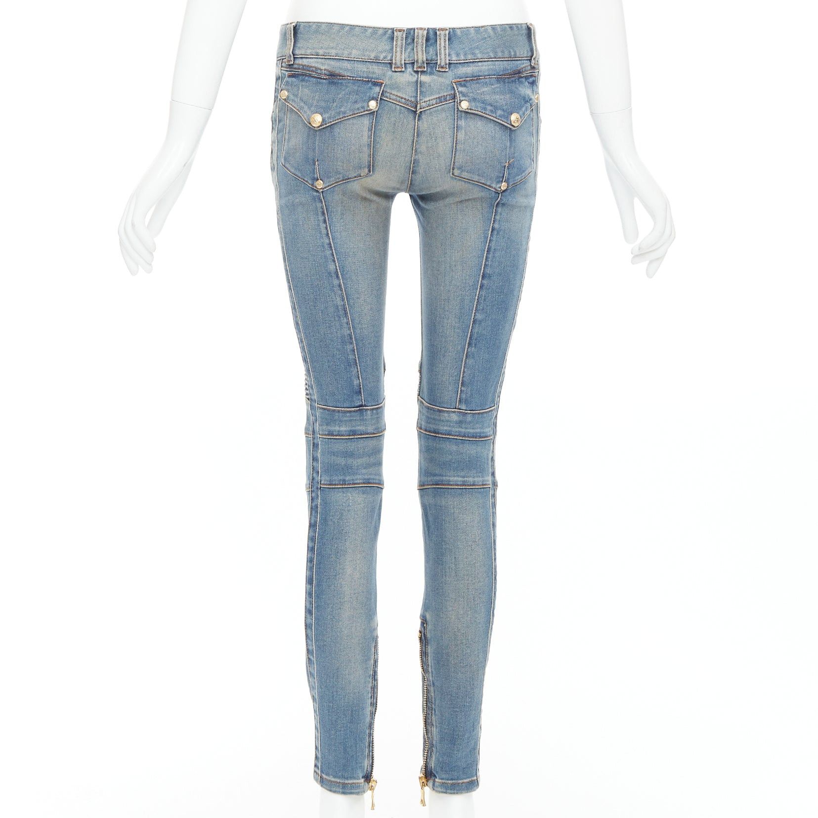 Balmain BALMAIN blue faded washed ribbed denim moto biker jeans FR36 S Size 27" / US 4 / IT 40 - 5 Thumbnail