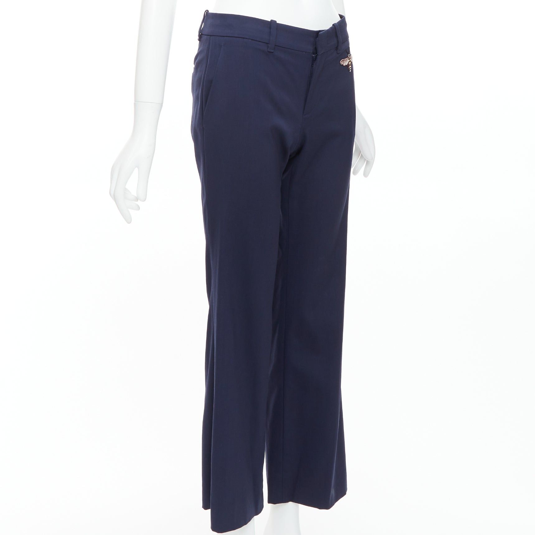 Gucci GUCCI Alessandro Michele 2017 navy bee embroidered flared pants IT38 XS Size 26" / US 2 / IT 38 - 3 Thumbnail