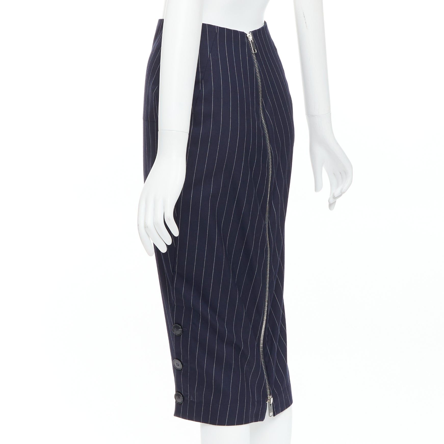 Victoria Beckham VICTORIA BECKHAM 100% wool navy pinstriped 2-way zip pencil skirt UK6 XS Size 26" / US 2 / IT 38 - 6 Thumbnail