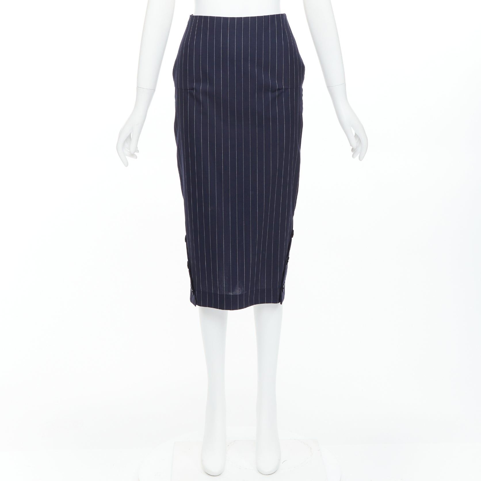 Victoria Beckham VICTORIA BECKHAM 100% wool navy pinstriped 2-way zip pencil skirt UK6 XS Size 26" / US 2 / IT 38 - 9 Thumbnail