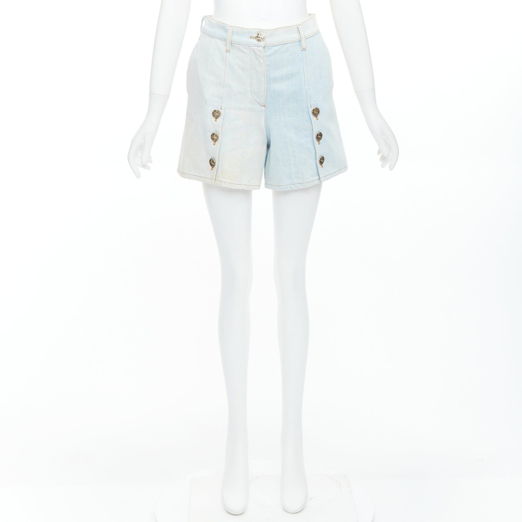 CHANEL 2018 Runway light blue washed denim horse buttons shorts FR34 XS