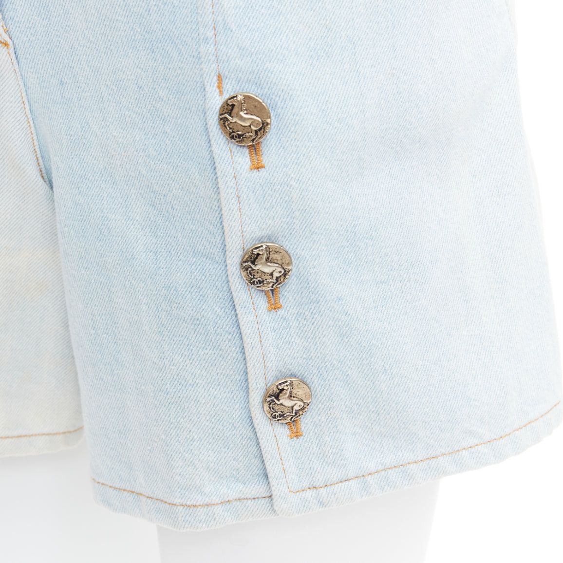 CHANEL 2018 Runway light blue washed denim horse buttons shorts FR34 XS