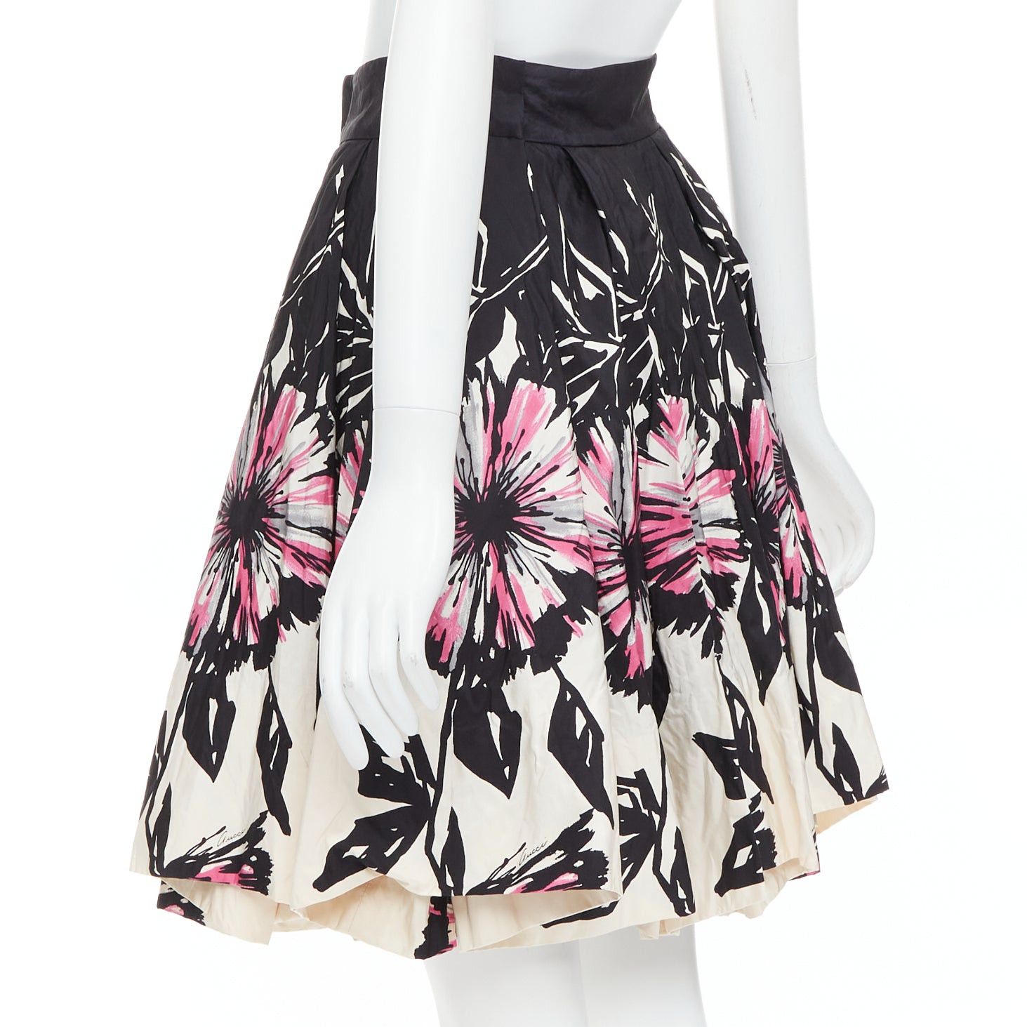 Gucci GUCCI 2007 100% silk black cream abstract floral flared bubble skirt IT40 M Size 27" / US 4 / IT 40 - 6 Thumbnail