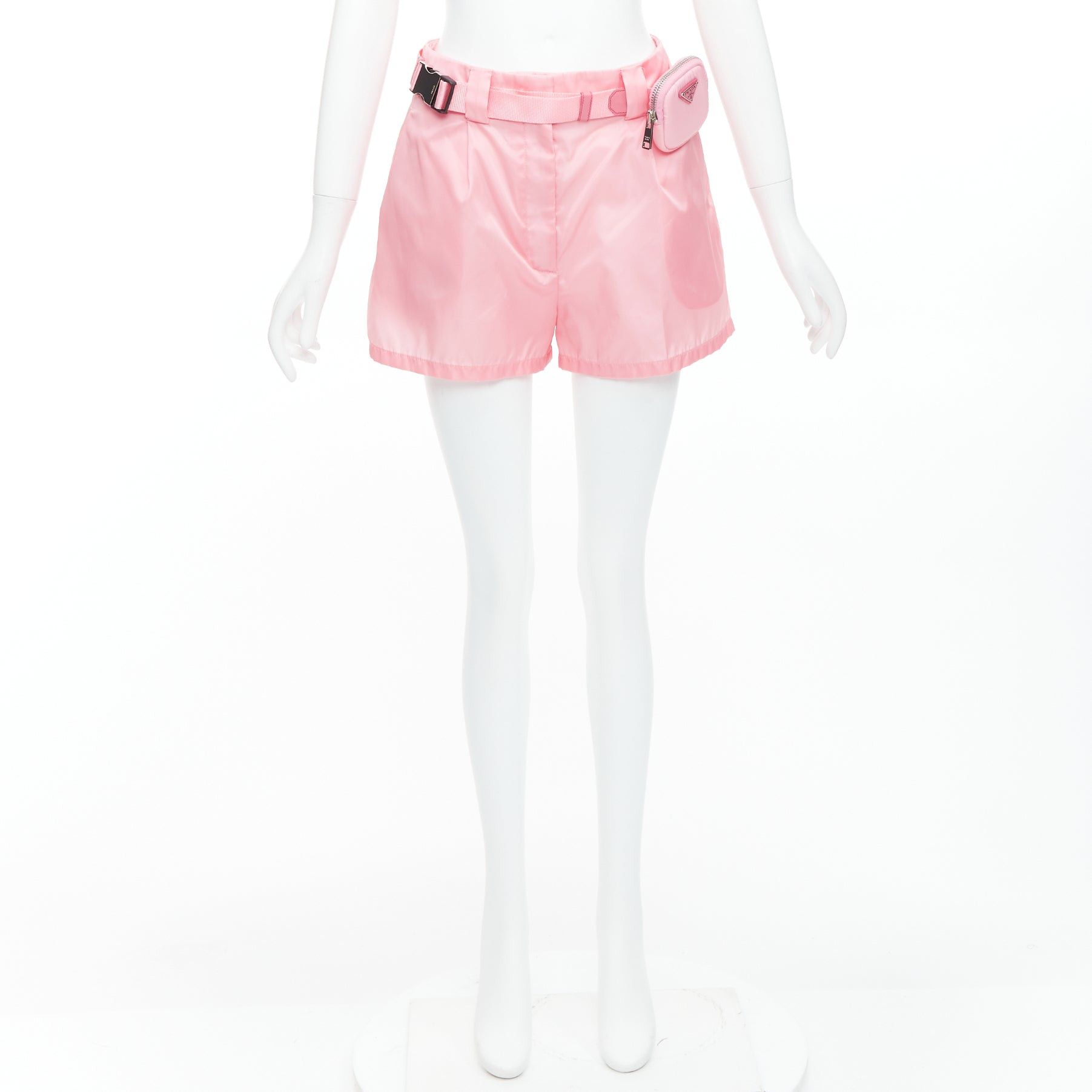 Prada PRADA 2021 Re-Nylon pink triangle logo mini pouch high waist shorts IT38 XS Size 26" / US 2 / IT 38 - 9 Thumbnail