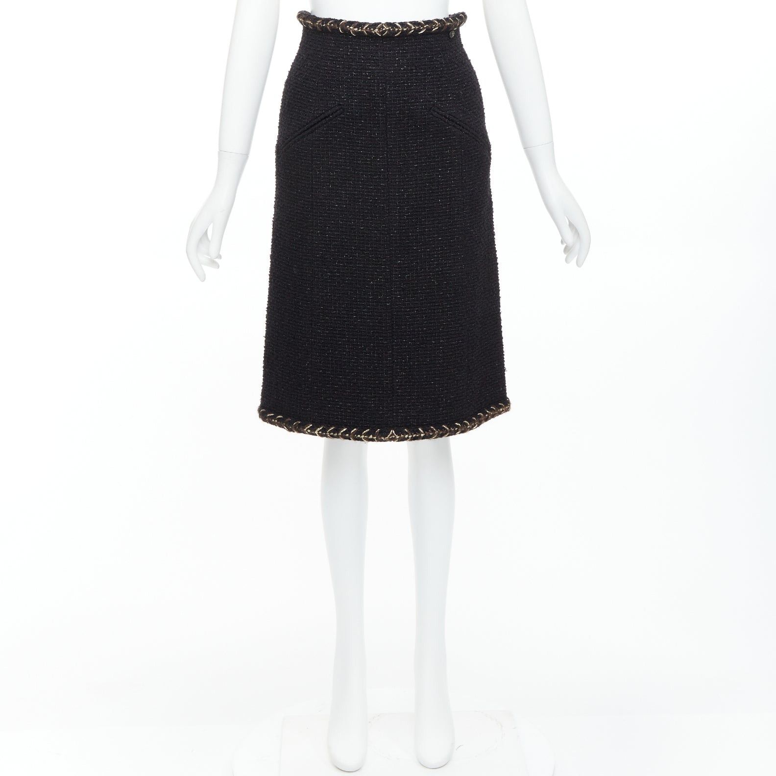 Chanel CHANEL 18K black cotton tweed brown gold braided trim tweed skirt FR34 XS Size 26" / US 2 / IT 38 - 9 Thumbnail