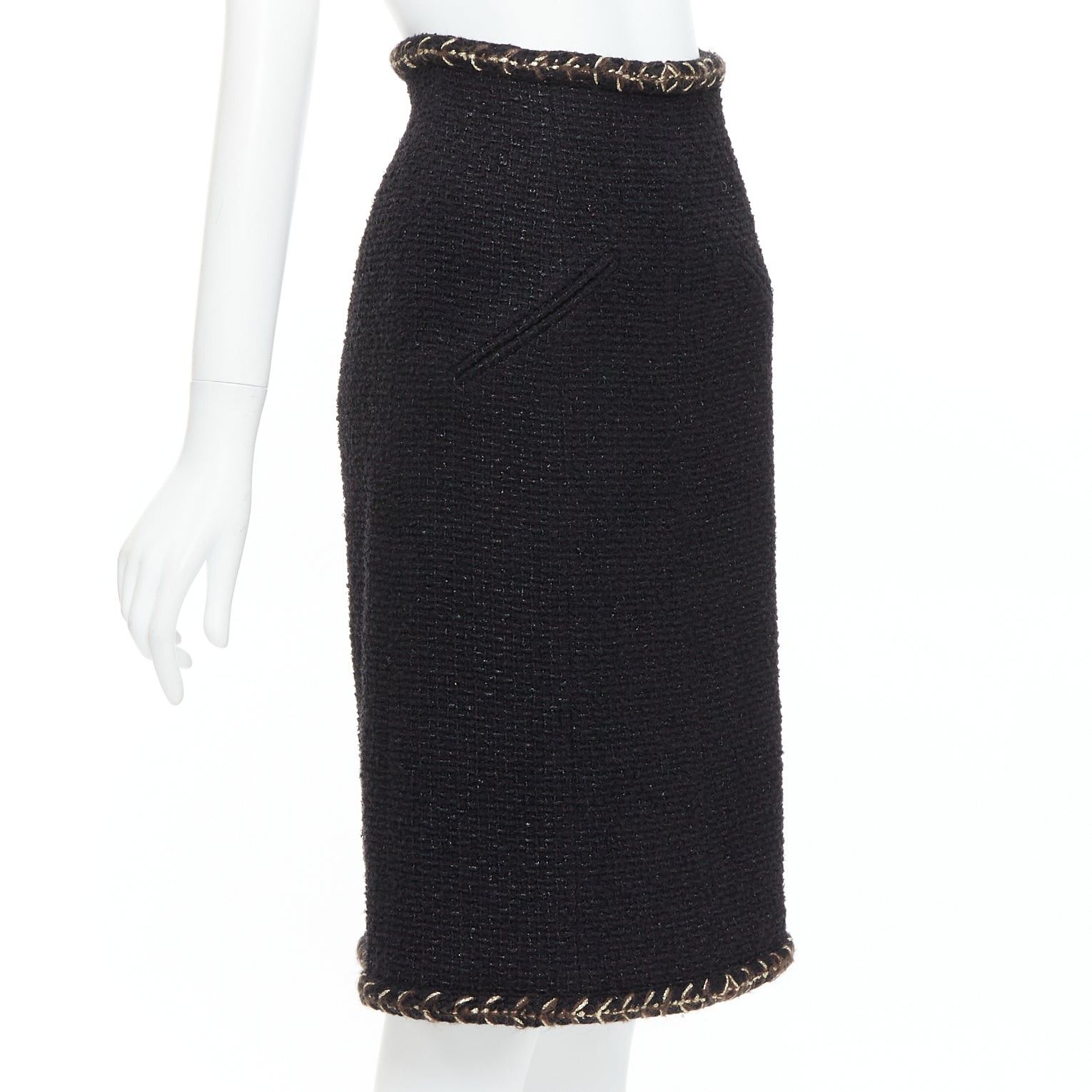 Chanel CHANEL 18K black cotton tweed brown gold braided trim tweed skirt FR34 XS Size 26" / US 2 / IT 38 - 3 Thumbnail