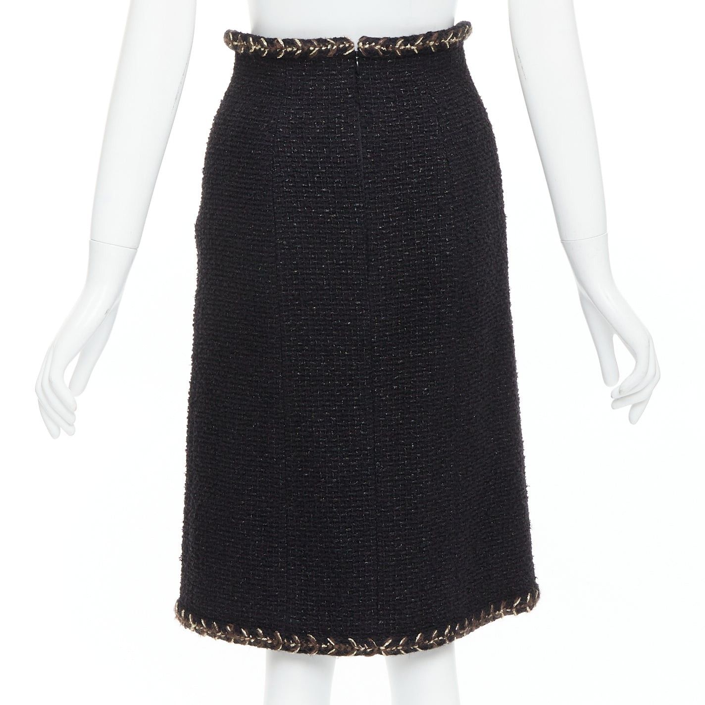 Chanel CHANEL 18K black cotton tweed brown gold braided trim tweed skirt FR34 XS Size 26" / US 2 / IT 38 - 5 Thumbnail