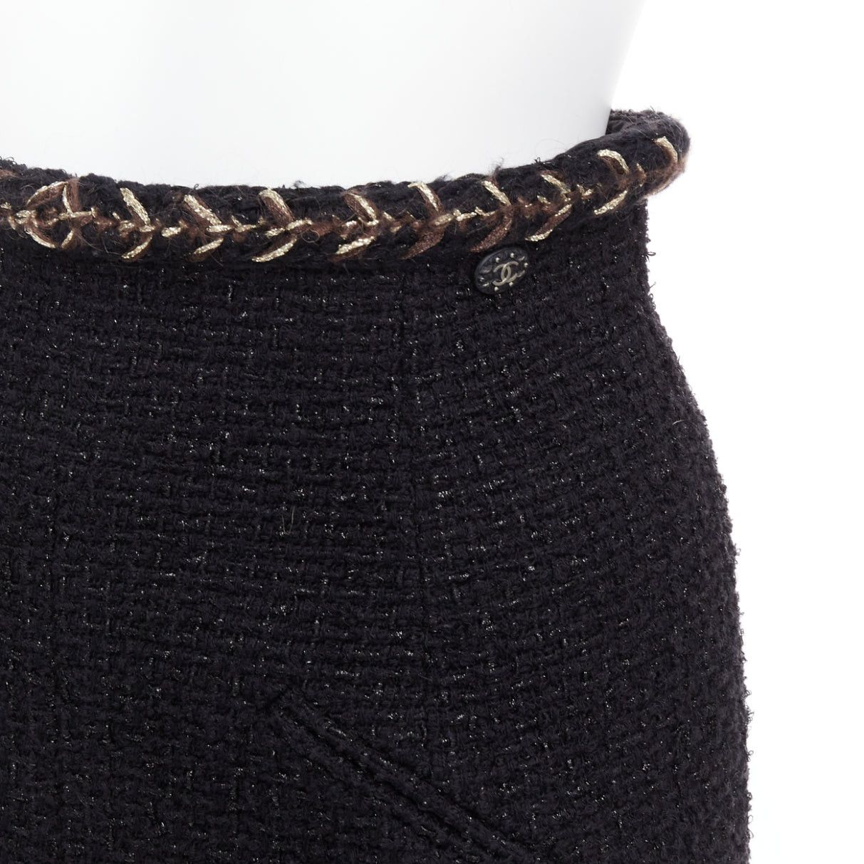 Chanel CHANEL 18K black cotton tweed brown gold braided trim tweed skirt FR34 XS Size 26" / US 2 / IT 38 - 2 Thumbnail