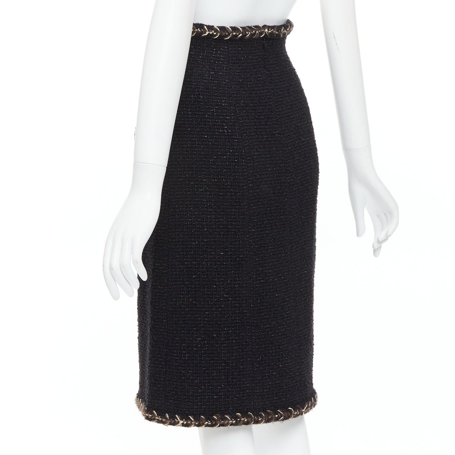 Chanel CHANEL 18K black cotton tweed brown gold braided trim tweed skirt FR34 XS Size 26" / US 2 / IT 38 - 6 Thumbnail