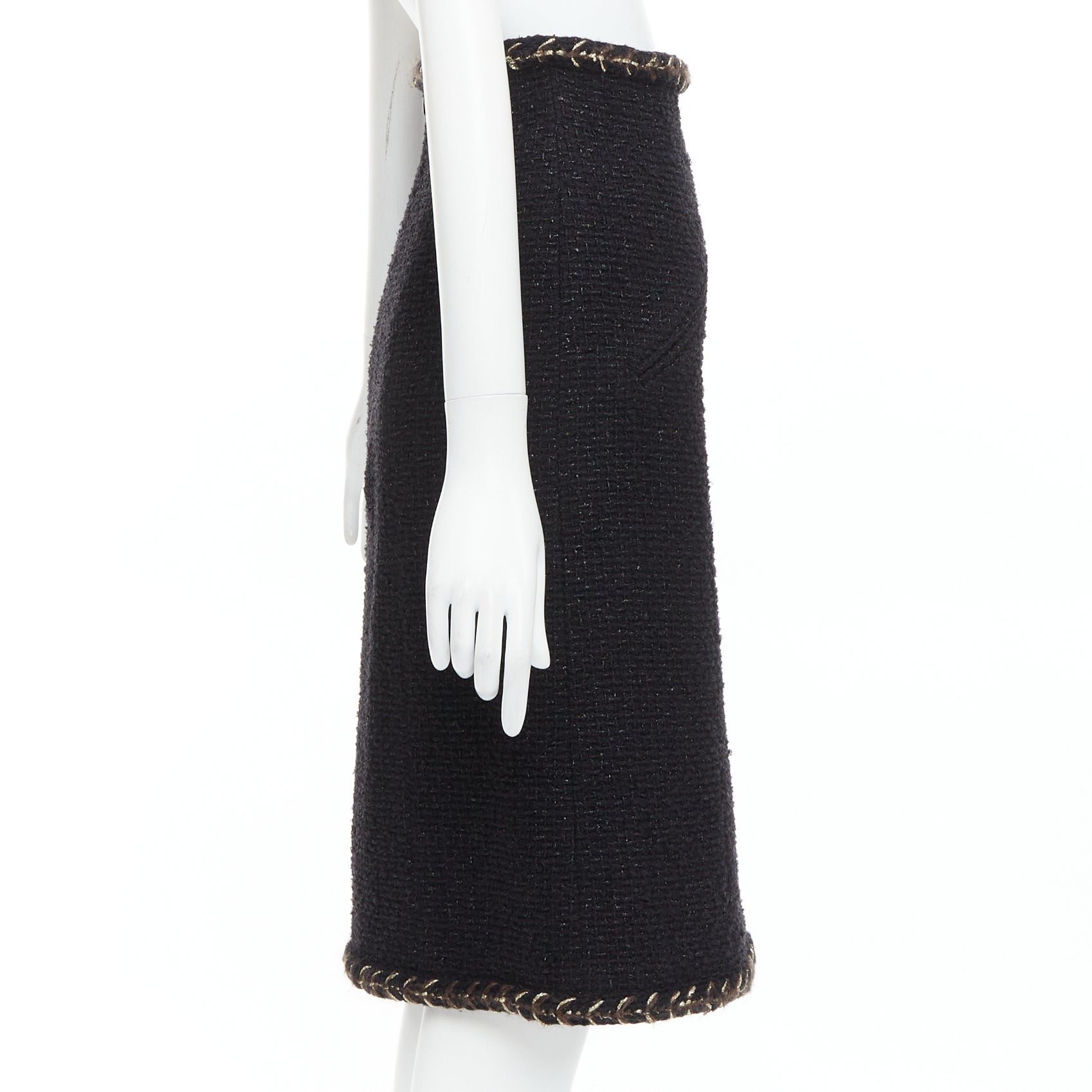 Chanel CHANEL 18K black cotton tweed brown gold braided trim tweed skirt FR34 XS Size 26" / US 2 / IT 38 - 4 Thumbnail