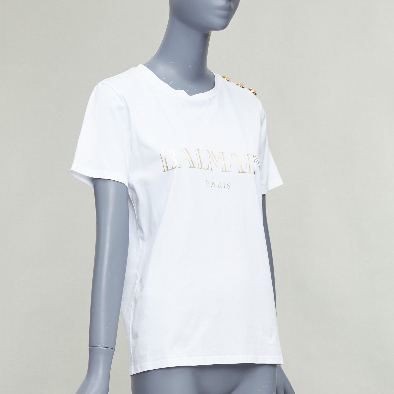 Balmain BALMAIN white metallic gold foil logo print button shoulder tshirt FR38 M Size M / US 6-8 / IT 42-44 - 3 Thumbnail