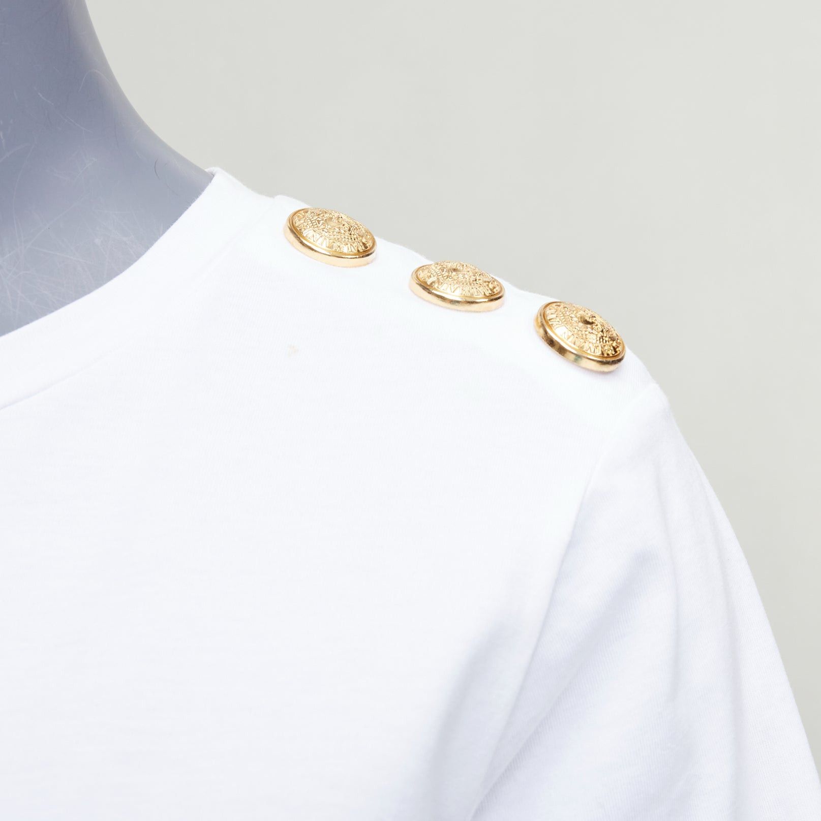 Balmain BALMAIN white metallic gold foil logo print button shoulder tshirt FR38 M Size M / US 6-8 / IT 42-44 - 2 Thumbnail