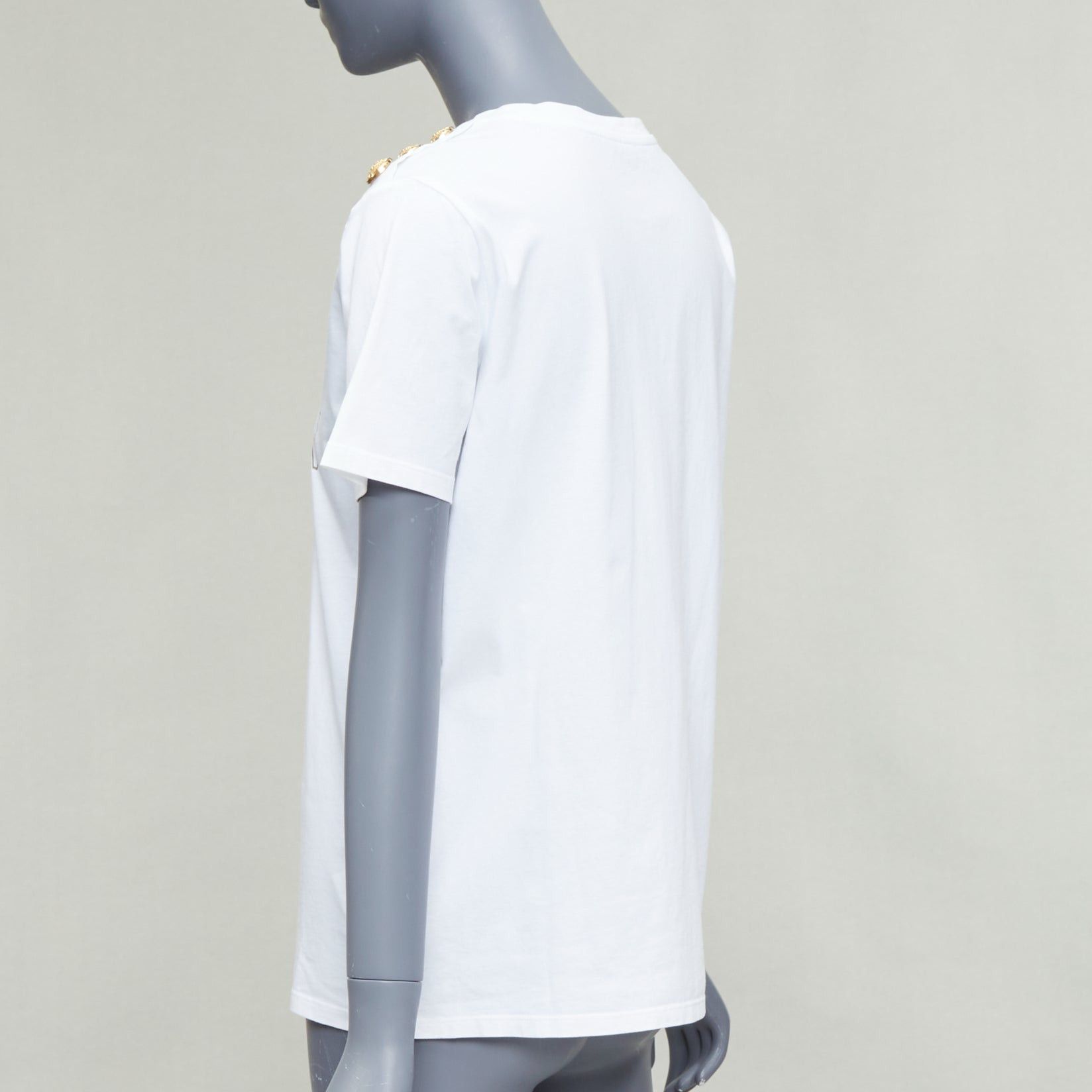 Balmain BALMAIN white metallic gold foil logo print button shoulder tshirt FR38 M Size M / US 6-8 / IT 42-44 - 6 Thumbnail