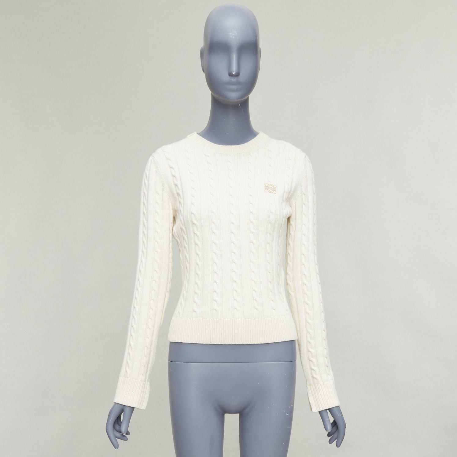Loewe LOEWE ecru wool cotton anagram cable knit cropped sweater XS Size S / US 4 / IT 40 - 9 Thumbnail