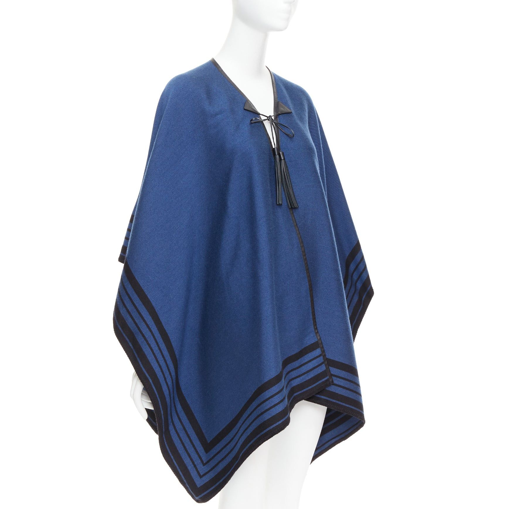 Louis Vuitton LOUIS VUITTON blue cashmere blend black leather tassel LV logo poncho Size ONE SIZE - 3 Thumbnail