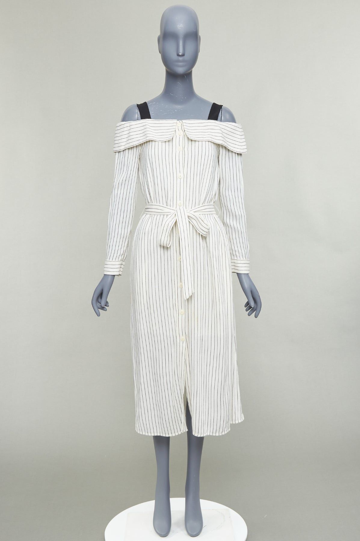 Tibi TIBI cream grey pinstriped off shoulder black contrast tie waist dress US4 S Size M / US 6-8 / IT 42-44 - 9 Thumbnail