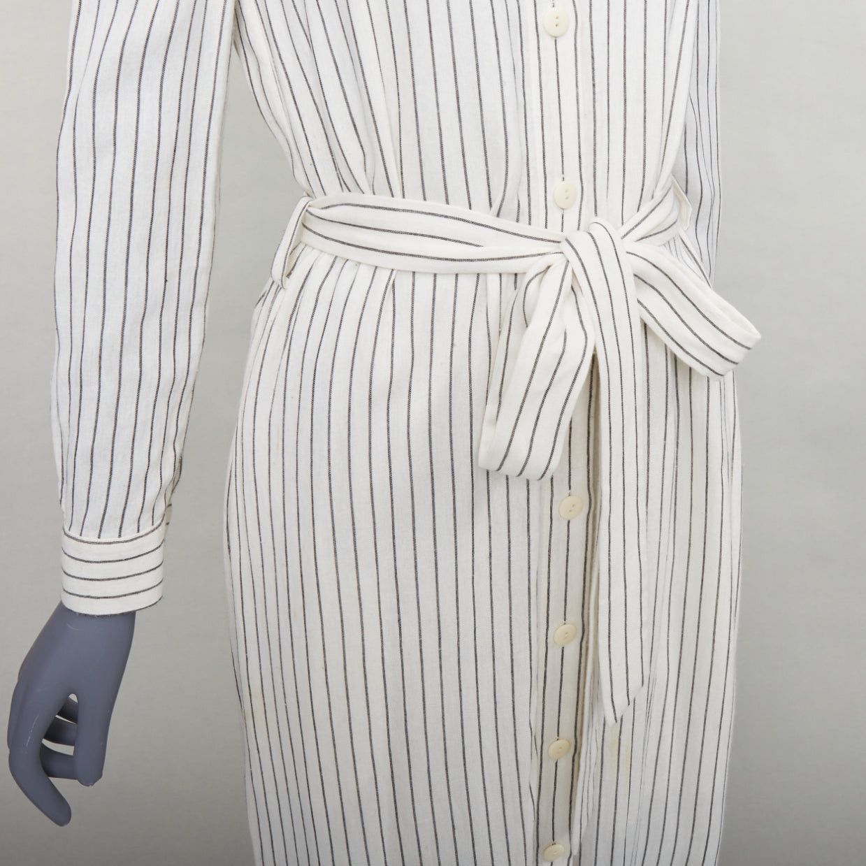 TIBI cream grey pinstriped off shoulder black contrast tie waist dress US4  S - crrs.pl