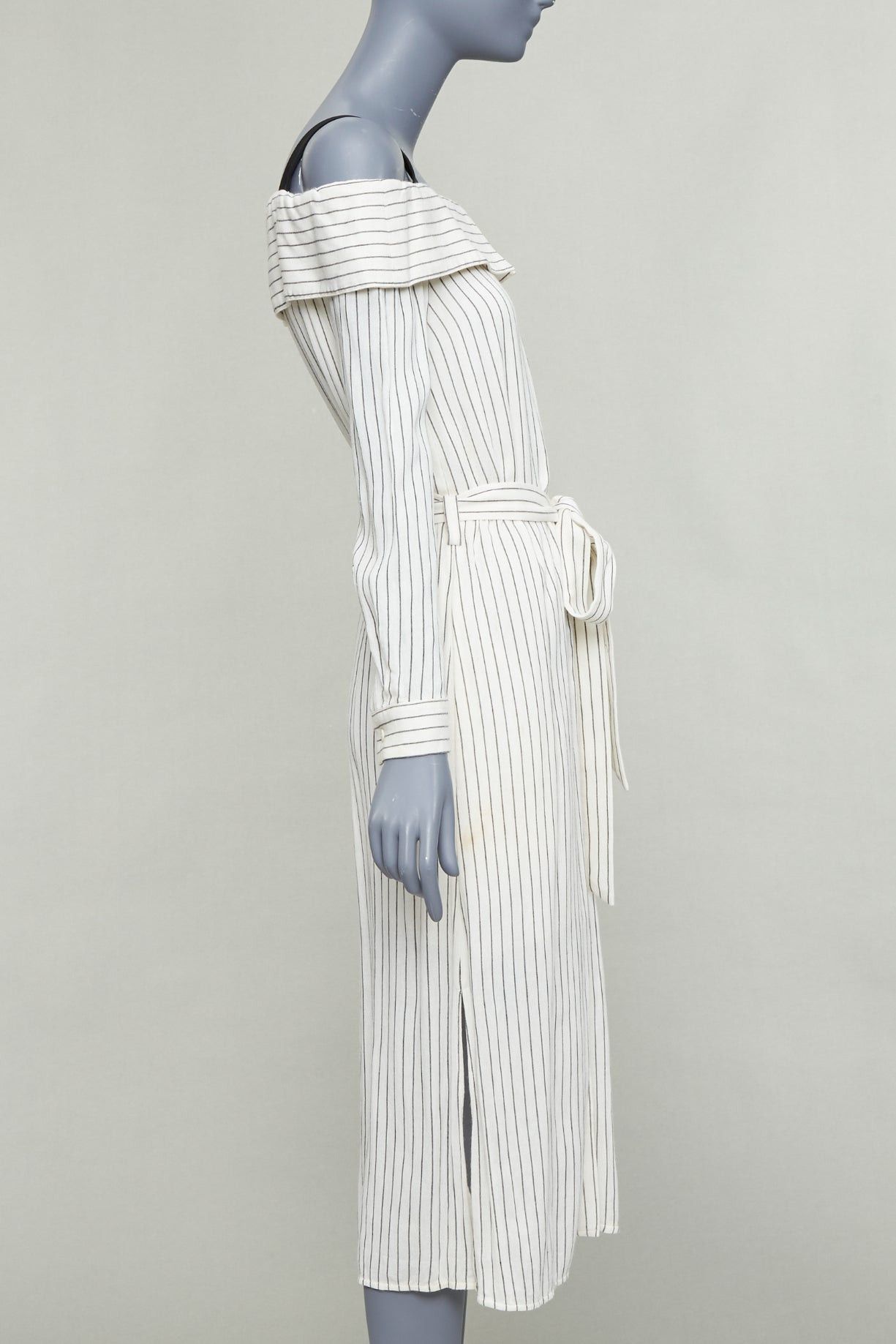Tibi TIBI cream grey pinstriped off shoulder black contrast tie waist dress US4 S Size M / US 6-8 / IT 42-44 - 4 Thumbnail