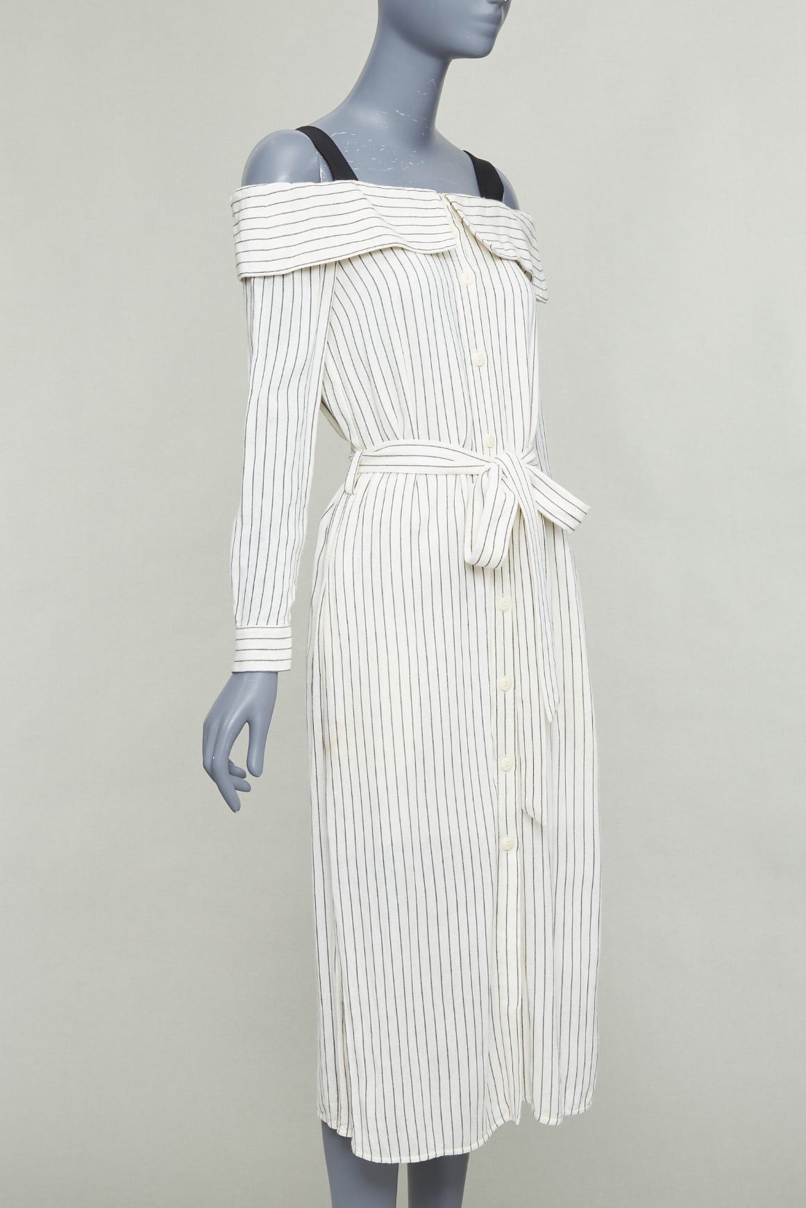 Tibi TIBI cream grey pinstriped off shoulder black contrast tie waist dress US4 S Size M / US 6-8 / IT 42-44 - 3 Thumbnail