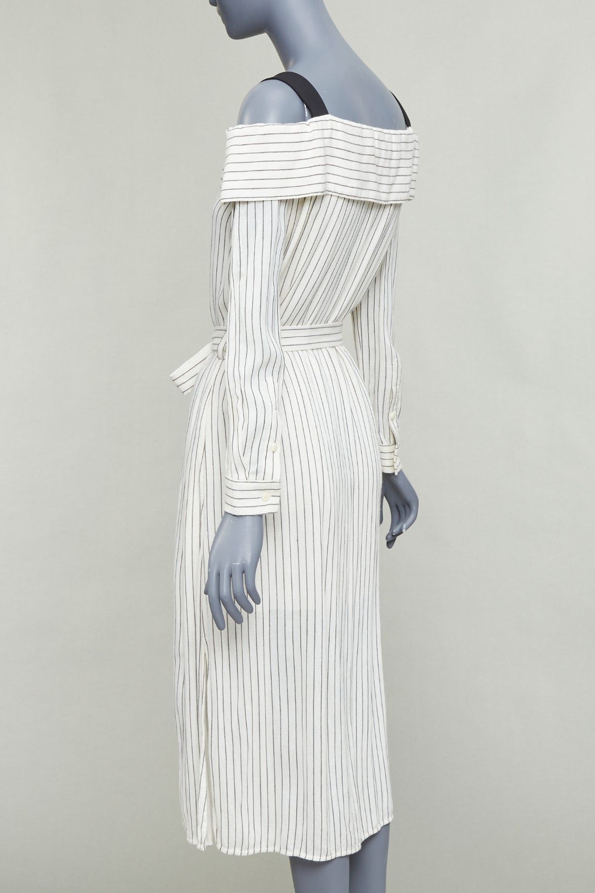 Tibi TIBI cream grey pinstriped off shoulder black contrast tie waist dress US4 S Size M / US 6-8 / IT 42-44 - 6 Thumbnail