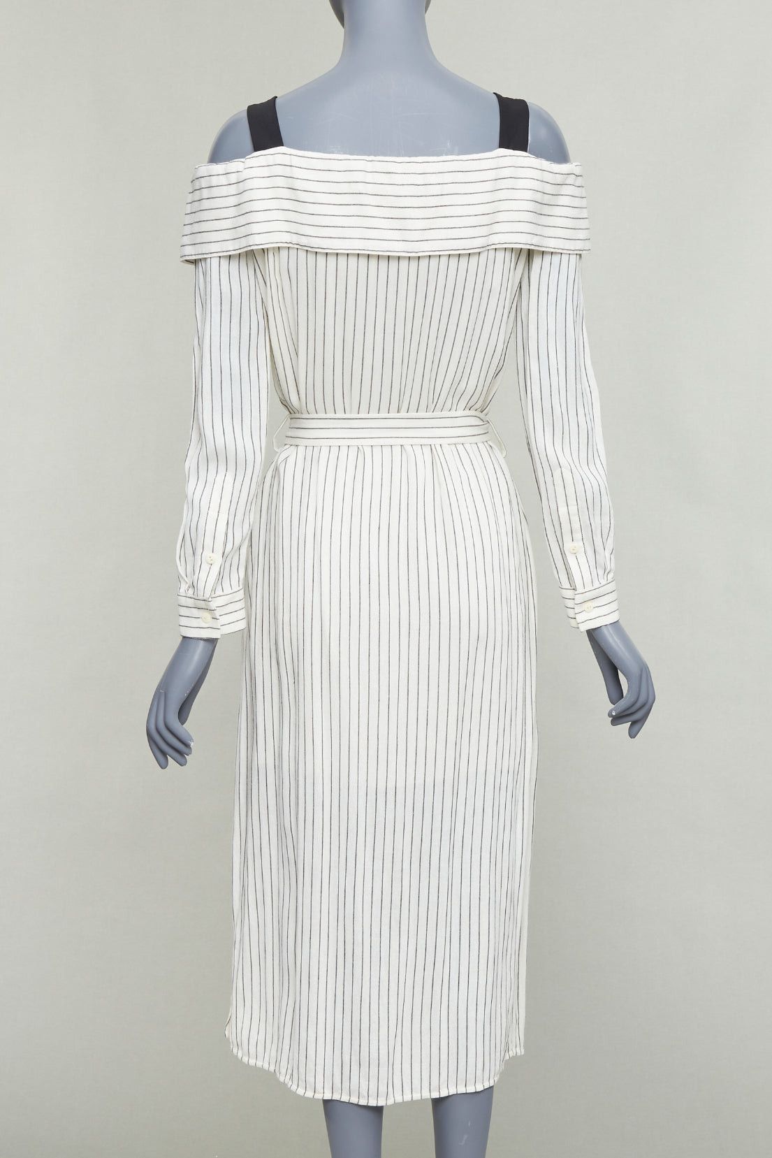 Tibi TIBI cream grey pinstriped off shoulder black contrast tie waist dress US4 S Size M / US 6-8 / IT 42-44 - 5 Thumbnail