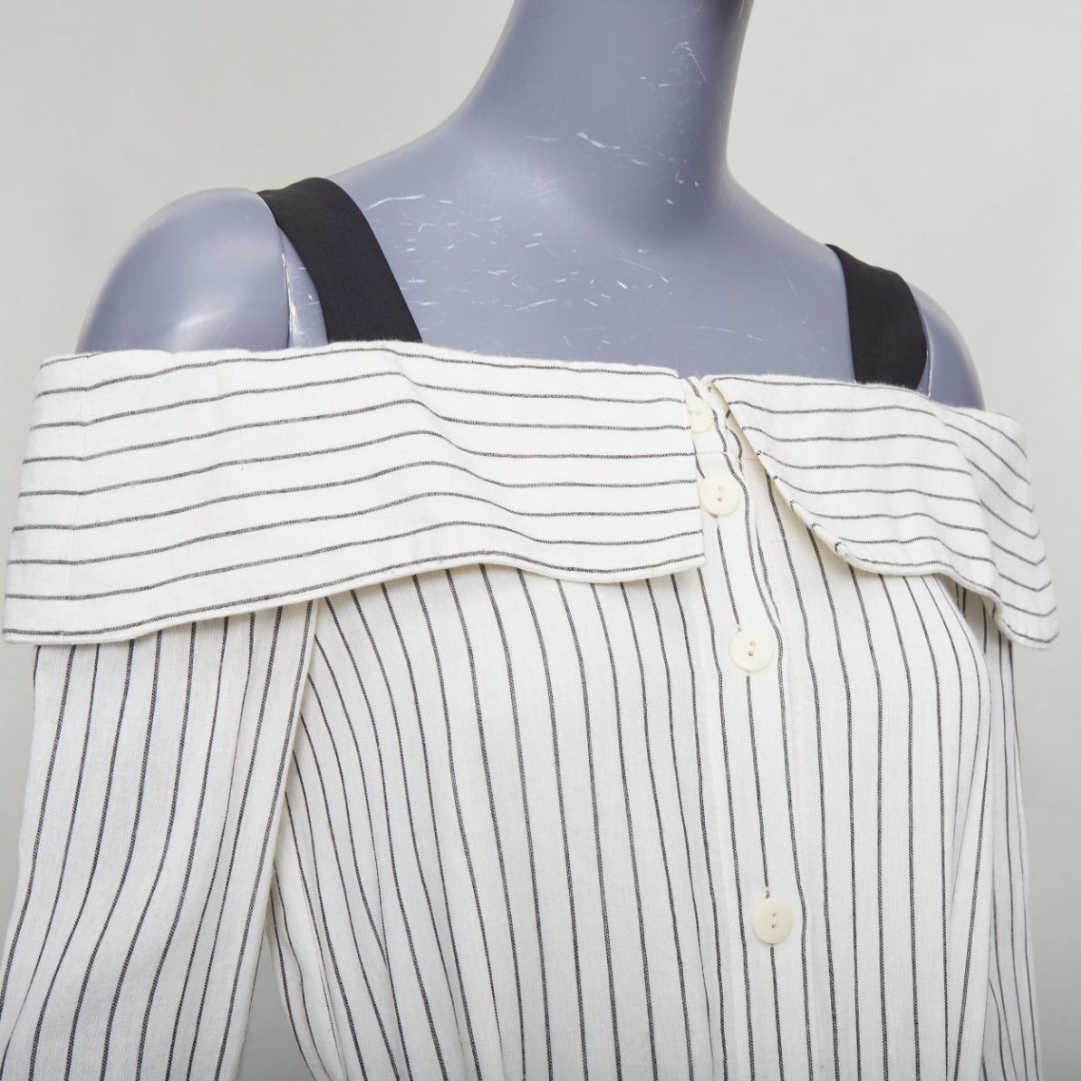 Tibi TIBI cream grey pinstriped off shoulder black contrast tie waist dress US4 S Size M / US 6-8 / IT 42-44 - 2 Thumbnail