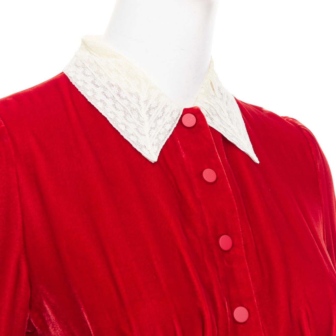 Dior DIOR 2017 Runway red crushed velvet cream lace trim pleated dress FR34 XS Size XS / US 0-2 / IT 36-38 - 2 Thumbnail