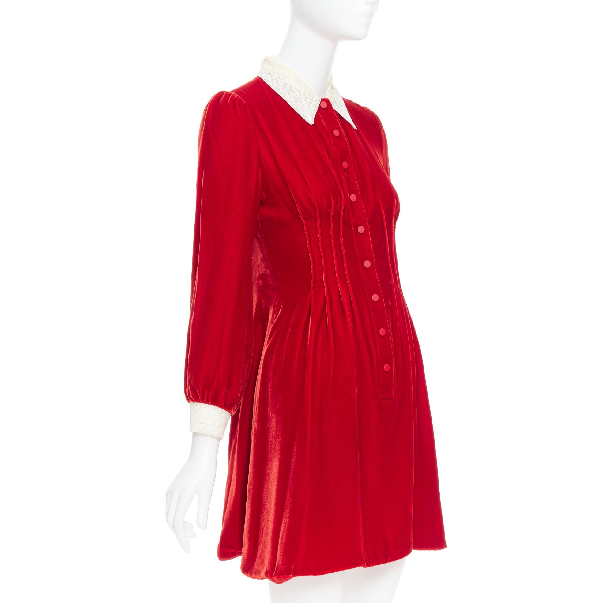 Dior DIOR 2017 Runway red crushed velvet cream lace trim pleated dress FR34 XS Size XS / US 0-2 / IT 36-38 - 3 Thumbnail