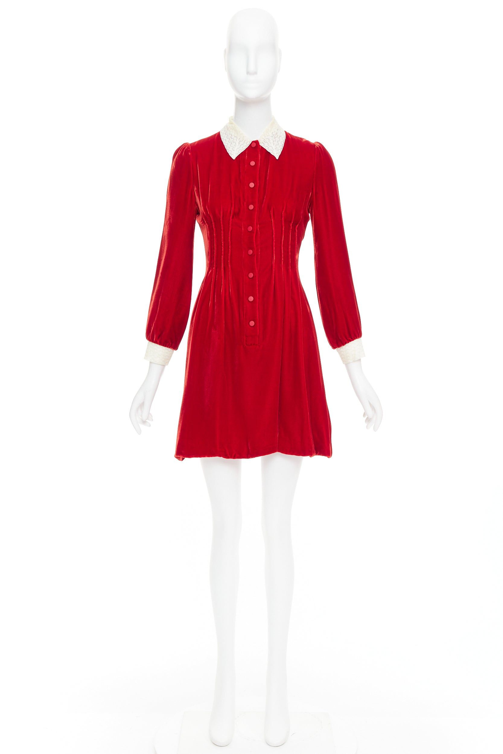 Dior DIOR 2017 Runway red crushed velvet cream lace trim pleated dress FR34 XS Size XS / US 0-2 / IT 36-38 - 9 Thumbnail
