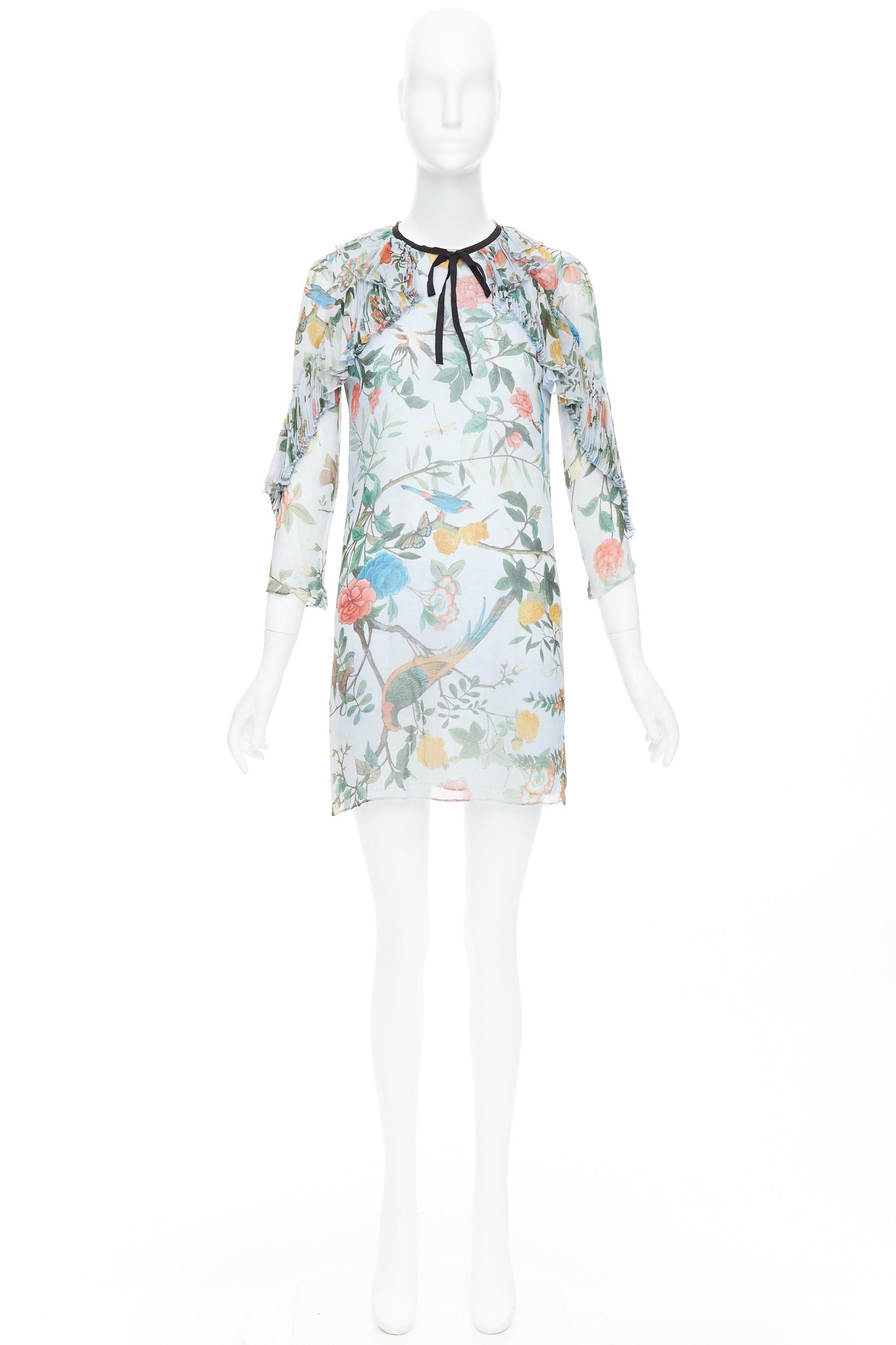 Gucci GUCCI 2015 Tian Bloom print 100% silk black ribbon trim dress IT36 XXS Size XS / US 0-2 / IT 36-38 - 9 Thumbnail