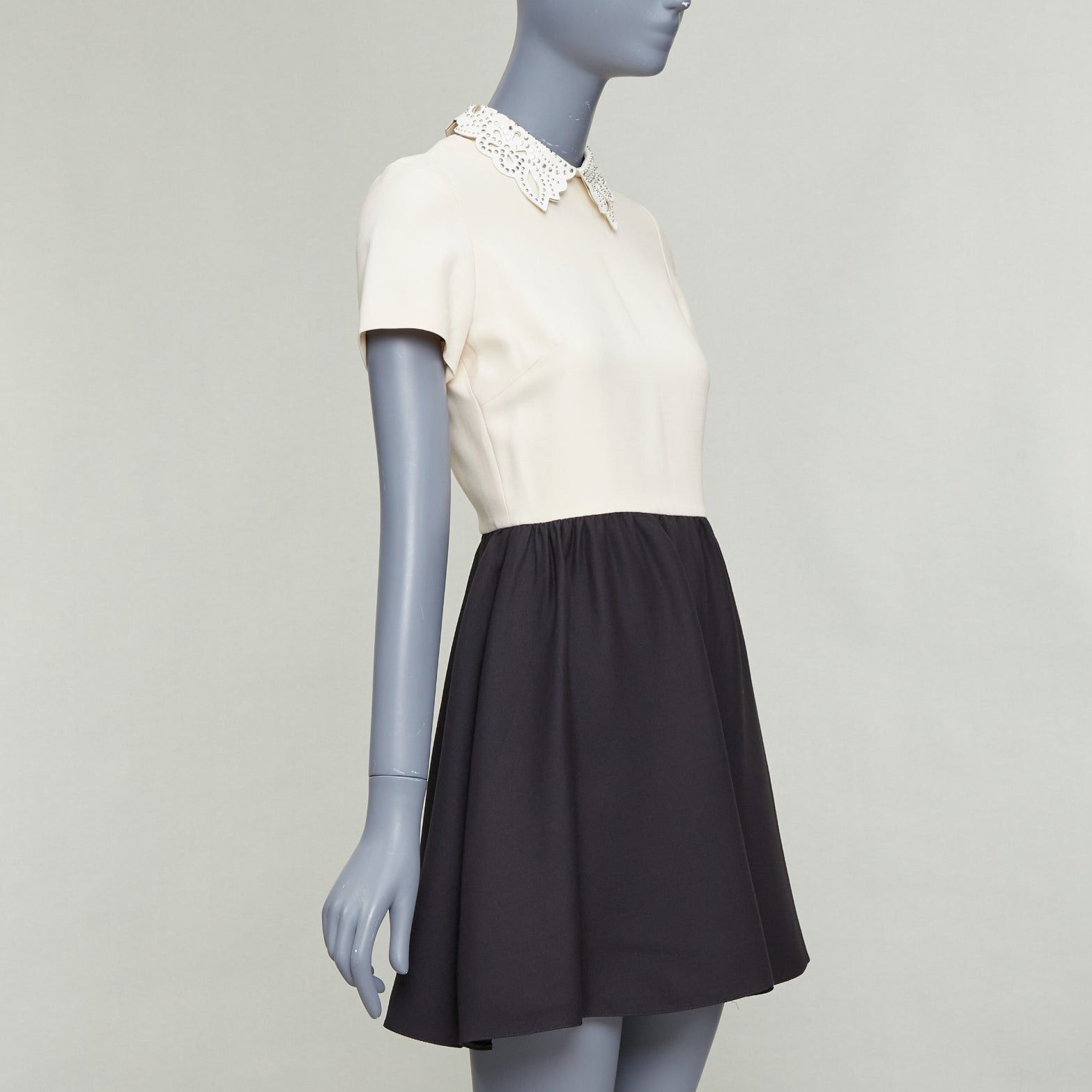 Valentino VALENTINO cream black silver studded leather collar bicolor cocktail dress Size ONE SIZE - 3 Thumbnail