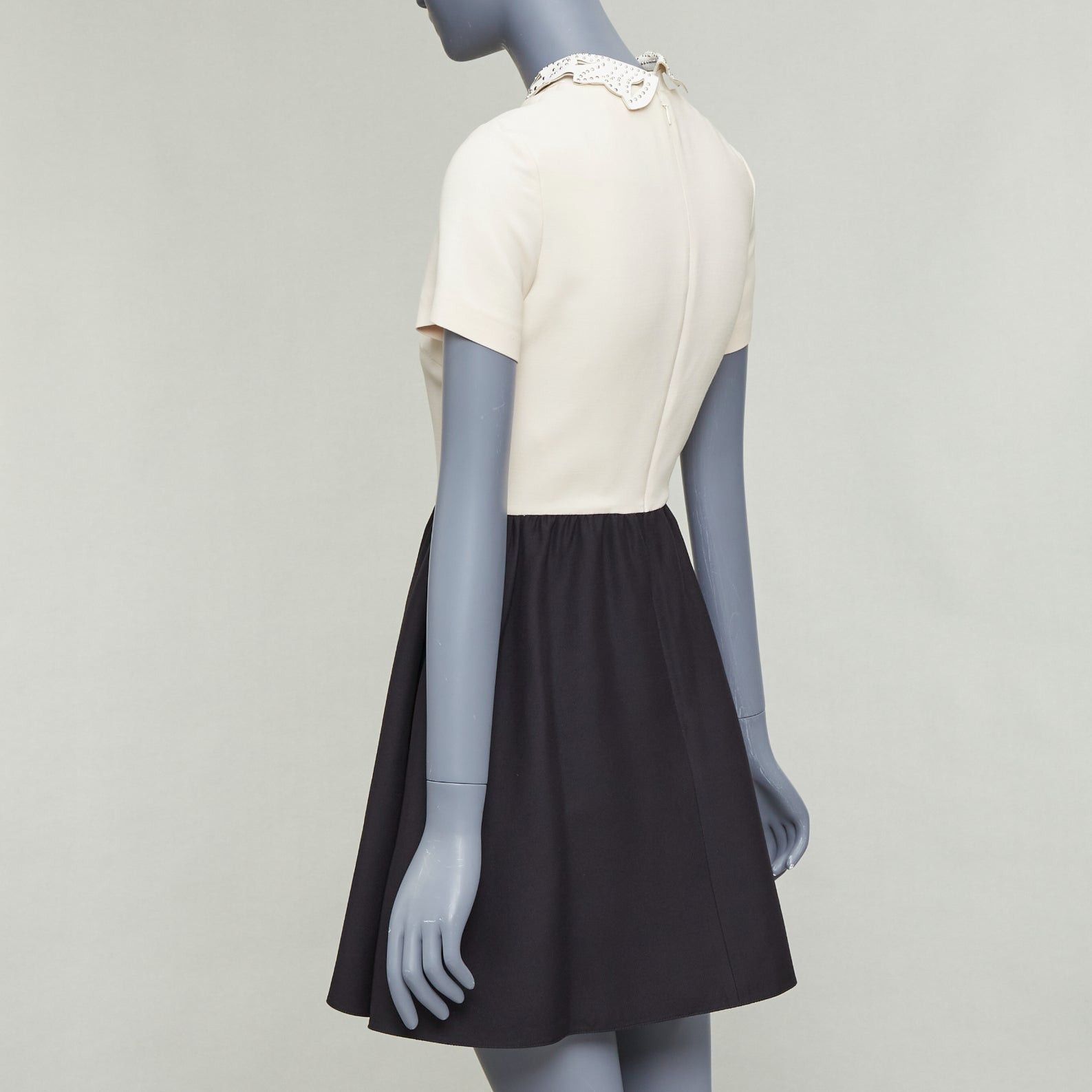 Valentino VALENTINO cream black silver studded leather collar bicolor cocktail dress Size ONE SIZE - 6 Thumbnail