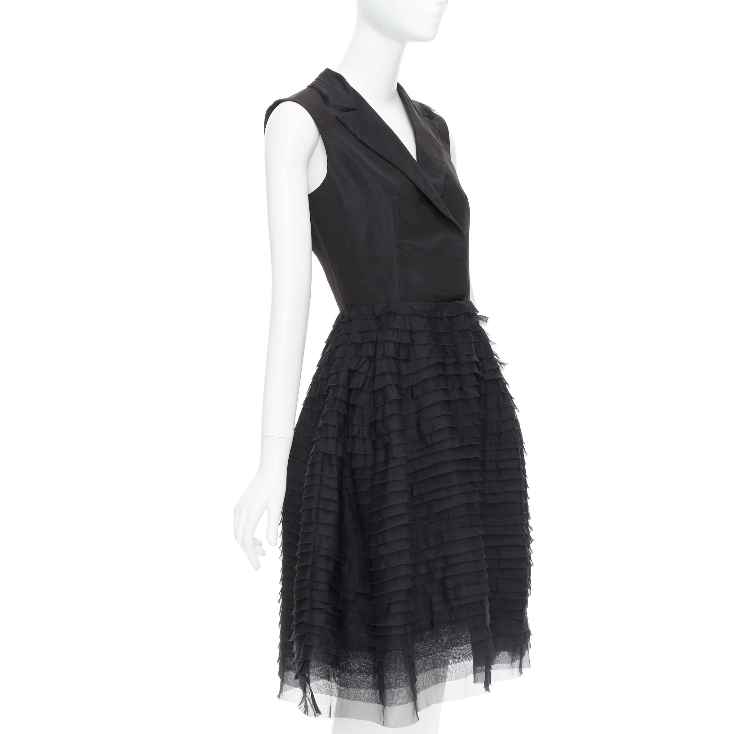 Oscar De La Renta OSCAR DE LA RENTA R14 100% silk black peak collar tiered puff dress US4 S Size S / US 4 / IT 40 - 3 Thumbnail