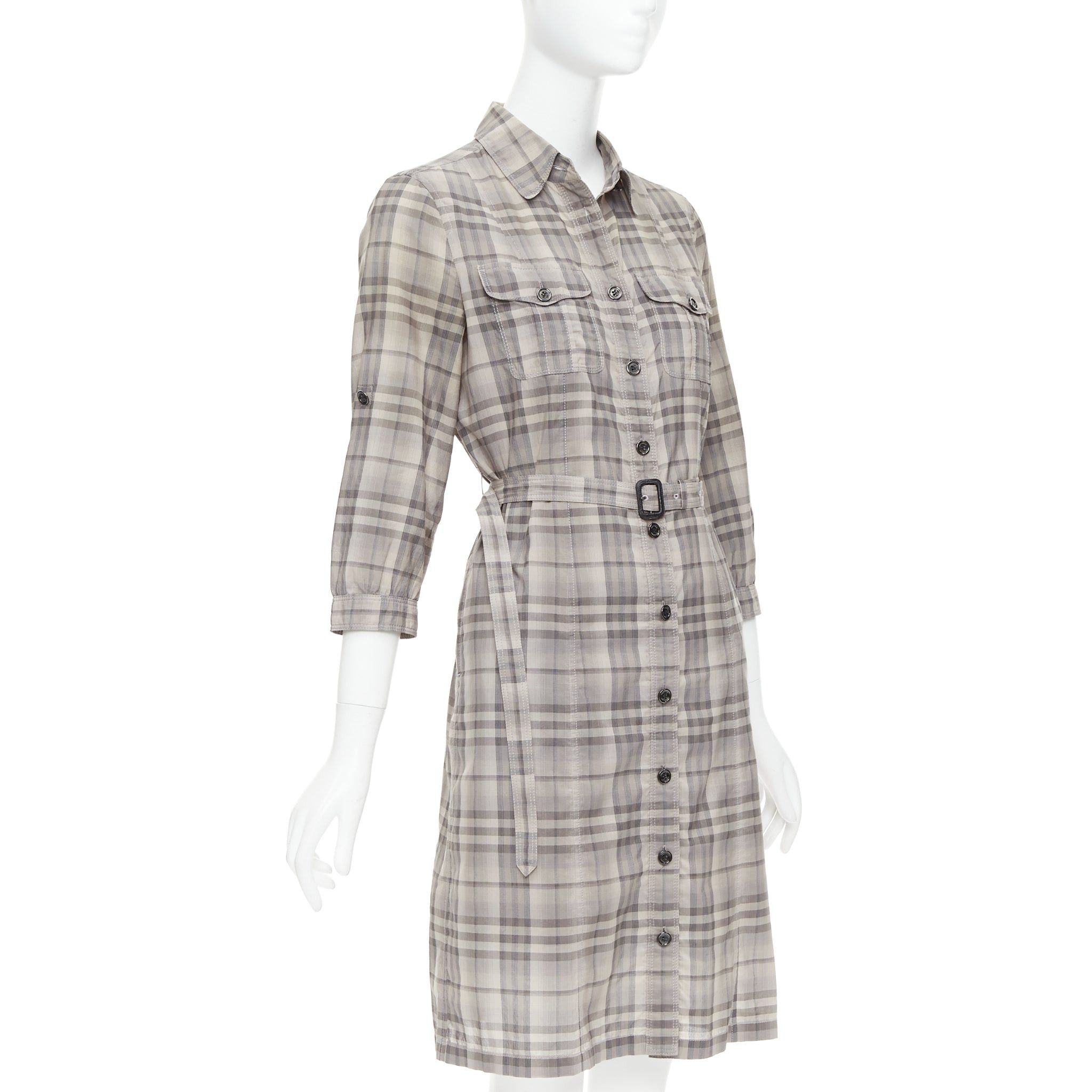 Burberry BURBERRY House Check beige cotton cowhide belted shirt dress IT38 XS Size XS / US 0-2 / IT 36-38 - 3 Thumbnail