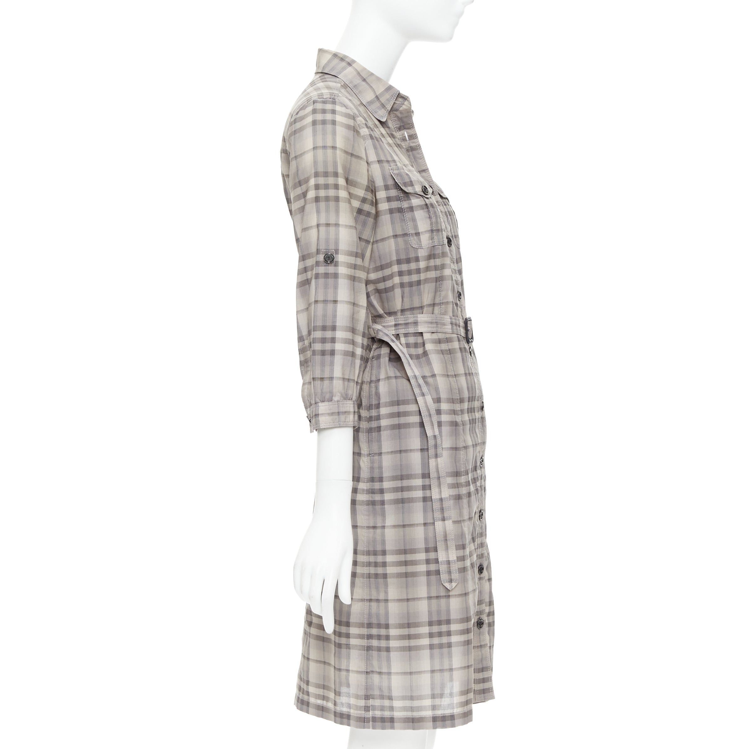 Burberry BURBERRY House Check beige cotton cowhide belted shirt dress IT38 XS Size XS / US 0-2 / IT 36-38 - 4 Thumbnail