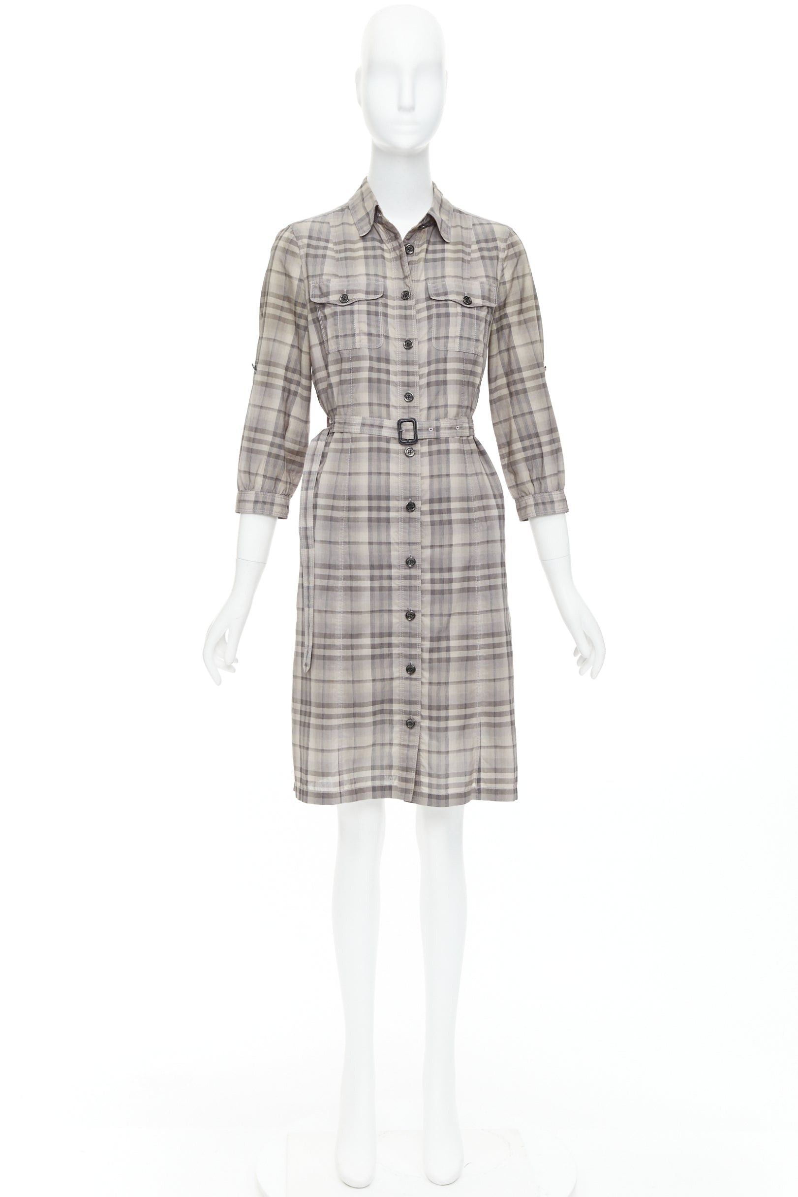 Burberry BURBERRY House Check beige cotton cowhide belted shirt dress IT38 XS Size XS / US 0-2 / IT 36-38 - 9 Thumbnail