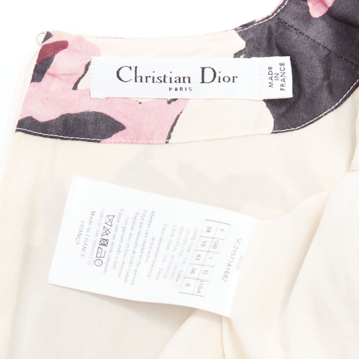 Dior CHRISTIAN DIOR pink cream 100% silk abstract floral print tie waist dress FR38 M Size M / US 6-8 / IT 42-44 - 8 Thumbnail