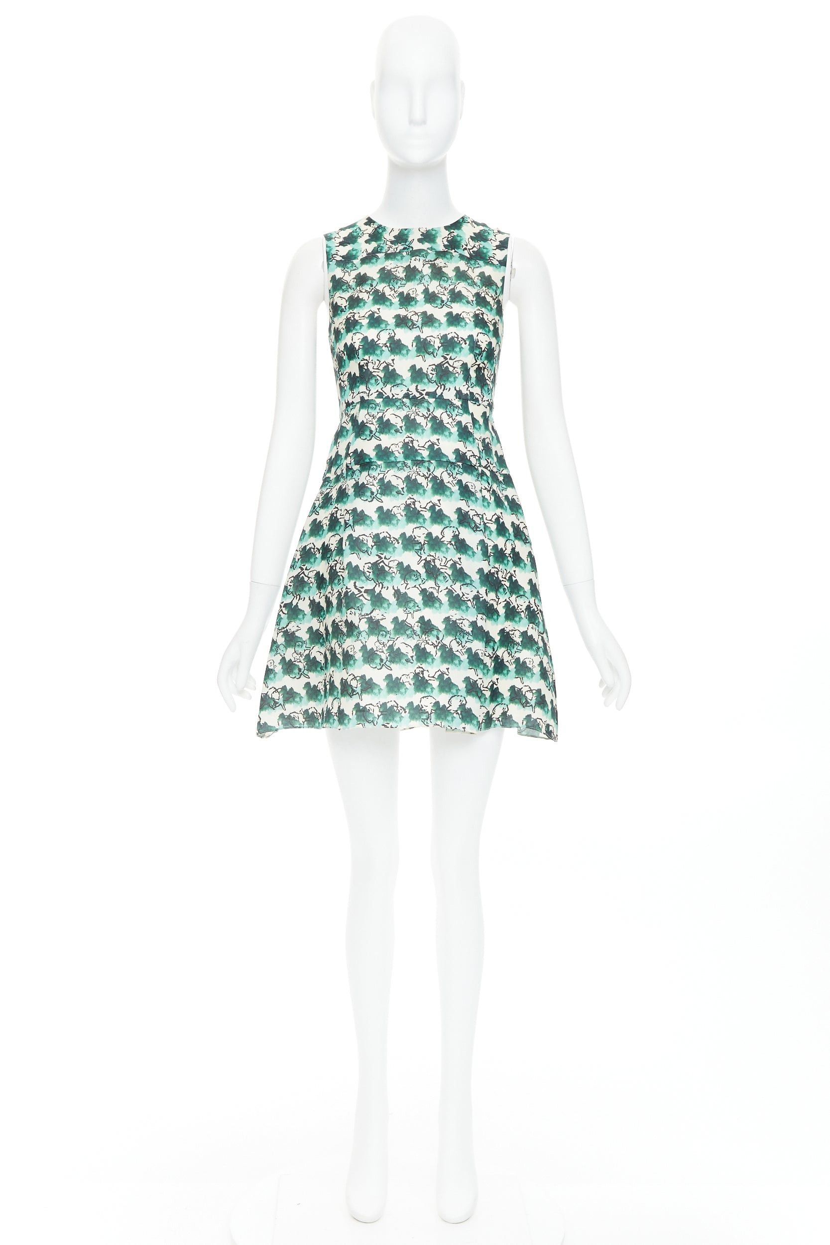 Tanya Taylor TANYA TAYLOR green cream silk abstract print sleeveless A-line dress US0 XS Size XS / US 0-2 / IT 36-38 - 9 Thumbnail