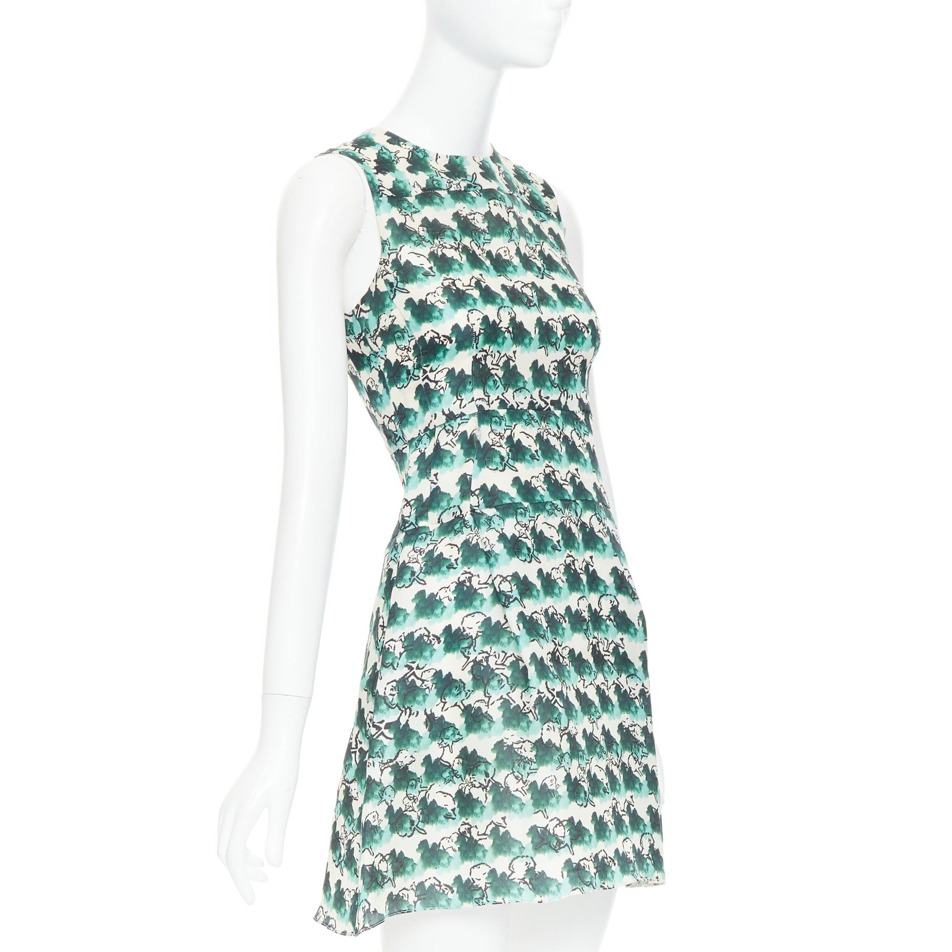 Tanya Taylor TANYA TAYLOR green cream silk abstract print sleeveless A-line dress US0 XS Size XS / US 0-2 / IT 36-38 - 3 Thumbnail