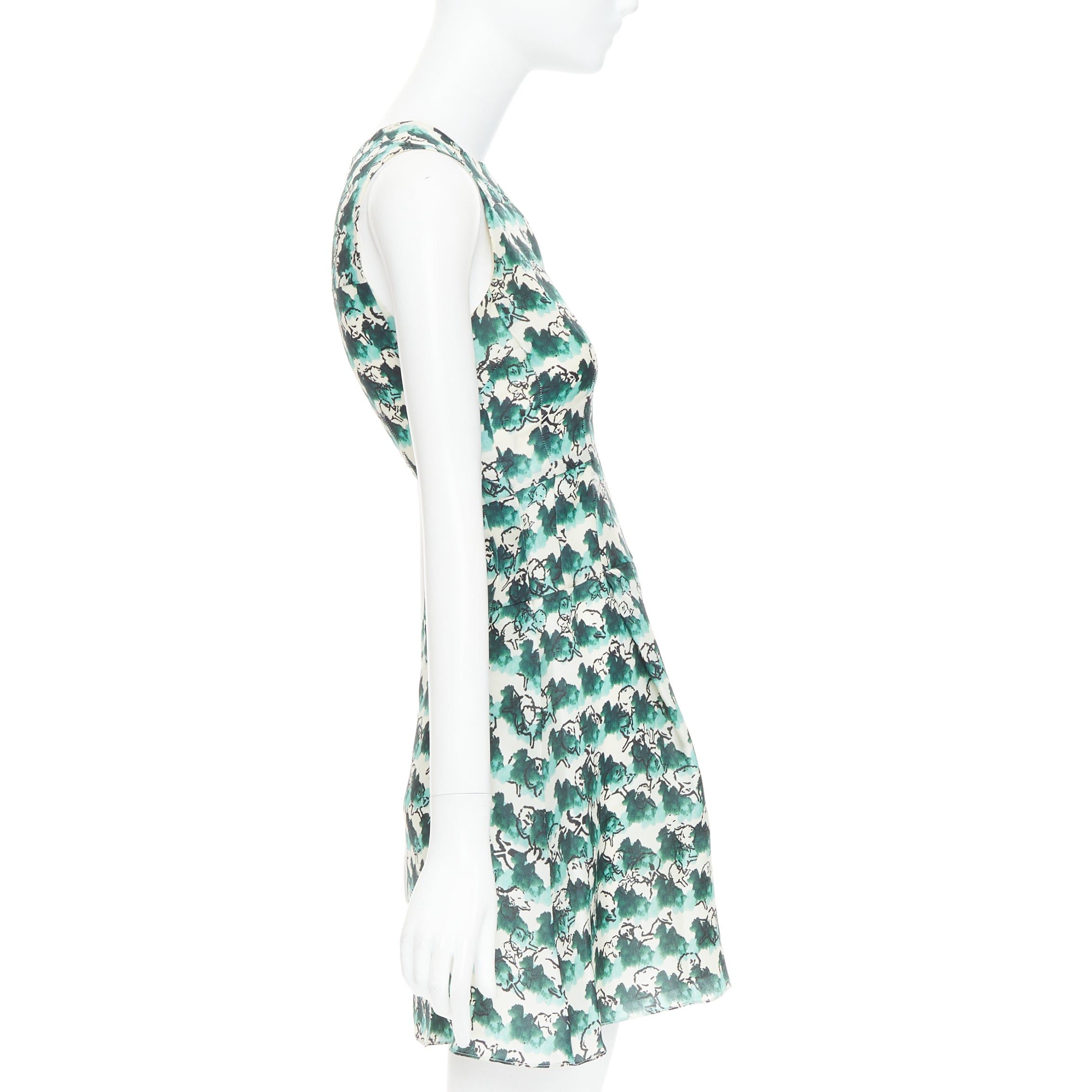 Tanya Taylor TANYA TAYLOR green cream silk abstract print sleeveless A-line dress US0 XS Size XS / US 0-2 / IT 36-38 - 4 Thumbnail