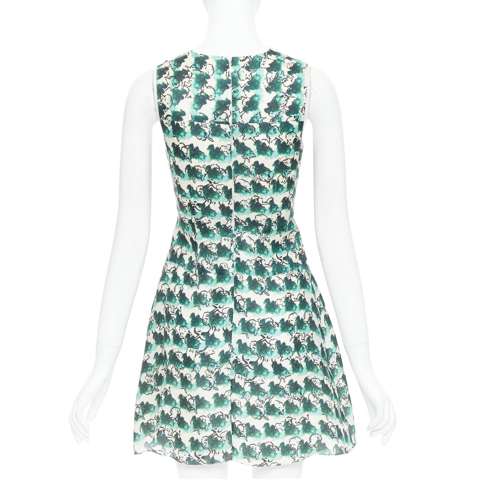 Tanya Taylor TANYA TAYLOR green cream silk abstract print sleeveless A-line dress US0 XS Size XS / US 0-2 / IT 36-38 - 5 Thumbnail