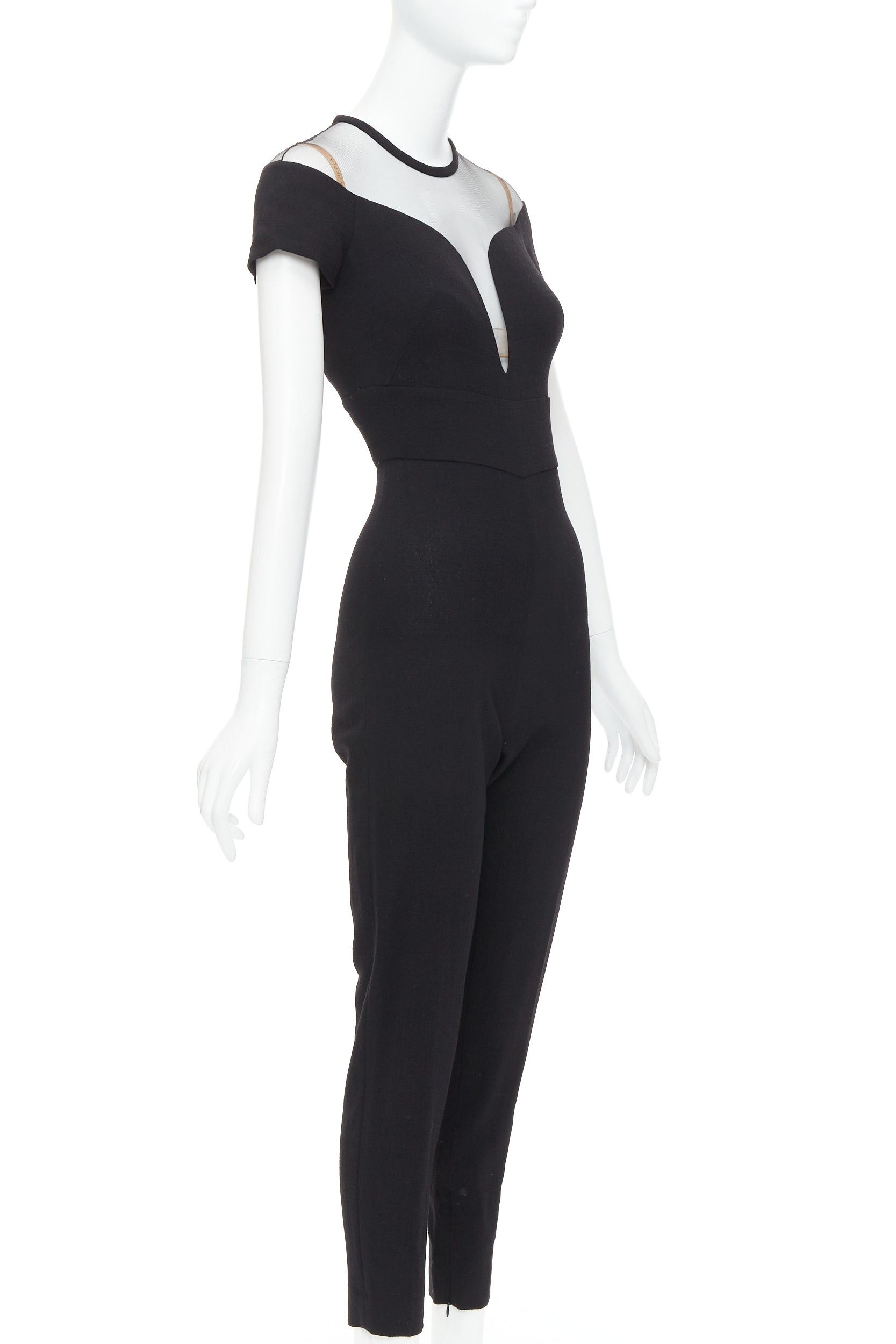 La Perla LA PERLA black crepe wool blend sheer plunge jumpsuit IT36D S Size 27" / US 4 / IT 40 - 3 Thumbnail