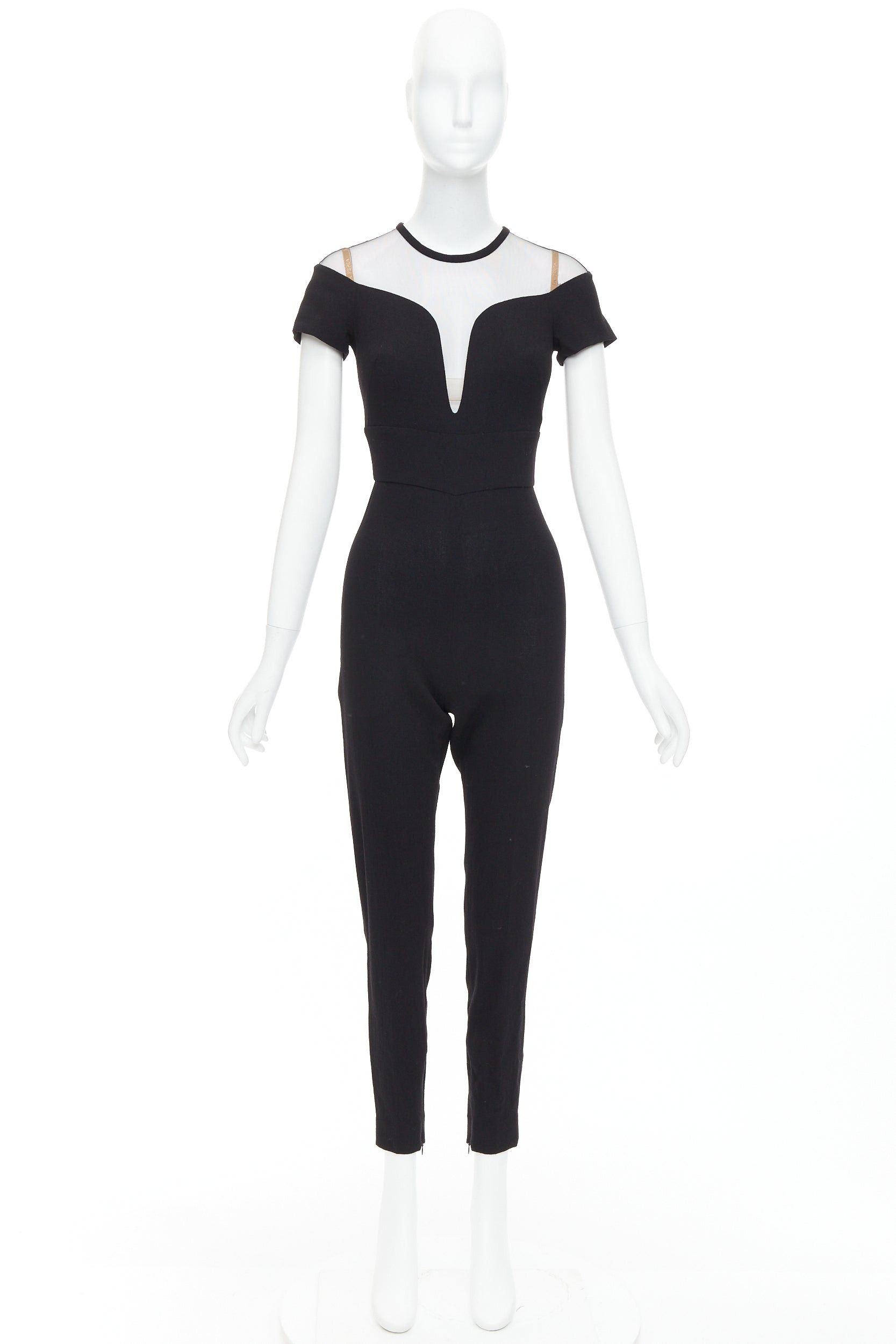 La Perla LA PERLA black crepe wool blend sheer plunge jumpsuit IT36D S Size 27" / US 4 / IT 40 - 9 Thumbnail